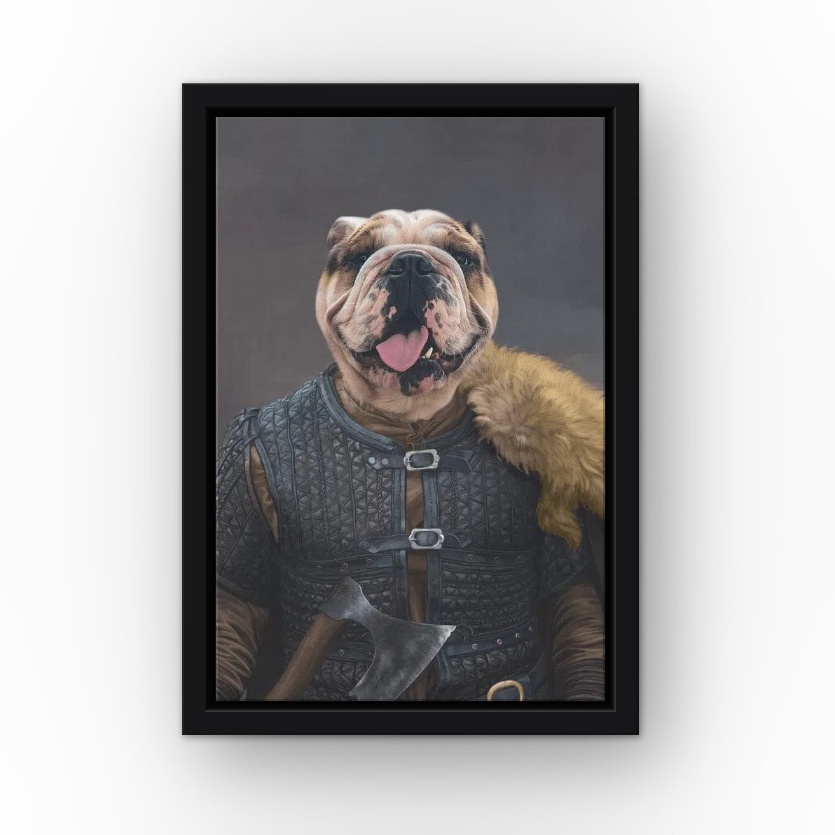 The Viking Leader custom pet canvas in a black floating frame