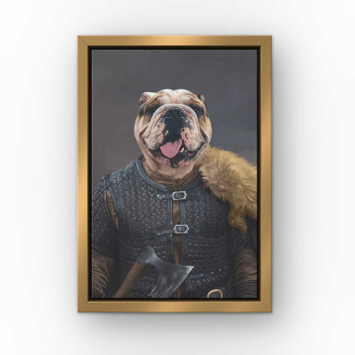 The Viking Leader custom pet canvas in a gold floating frame