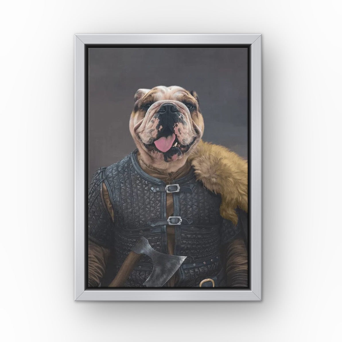 The Viking Leader custom pet canvas in a silver floating frame