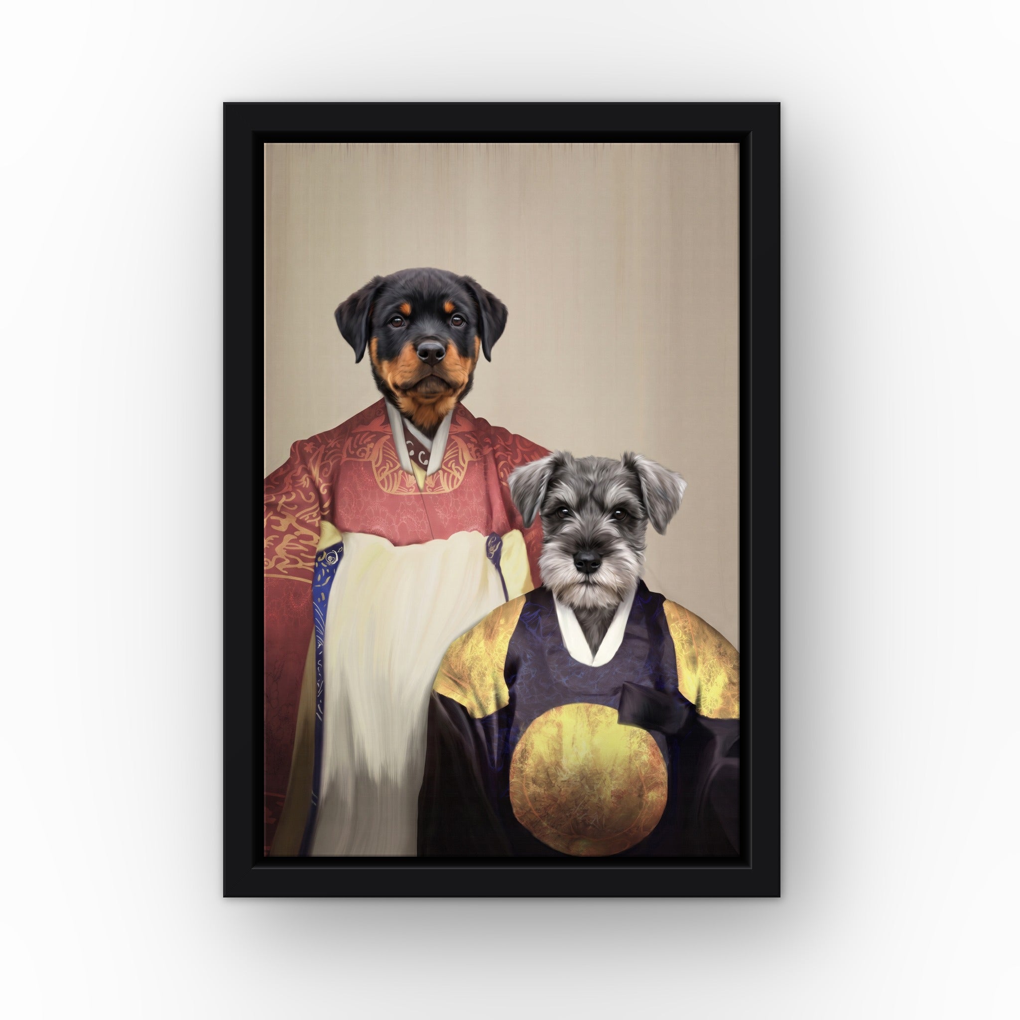 The Wise Pair custom pet canvas in a black floating frame