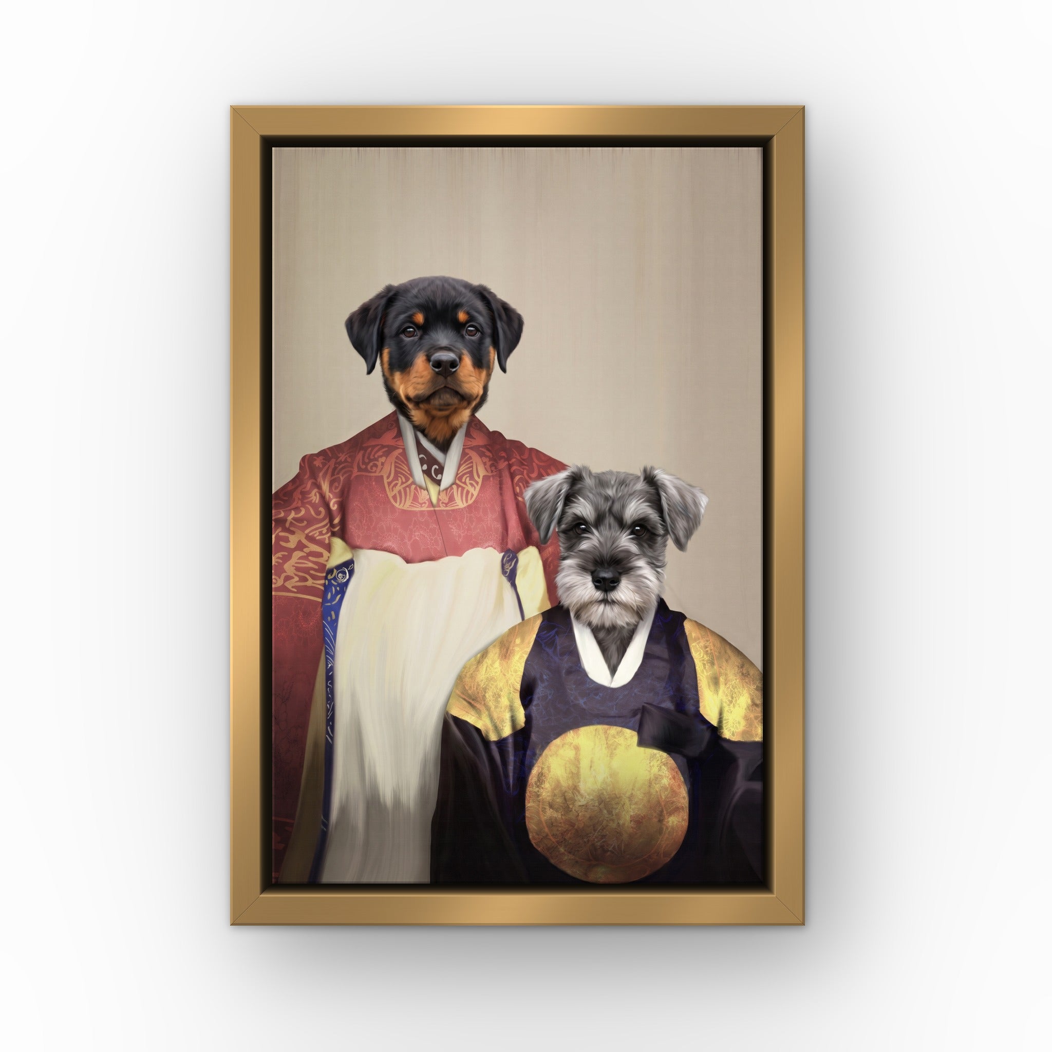 The Wise Pair custom pet canvas in a gold floating frame
