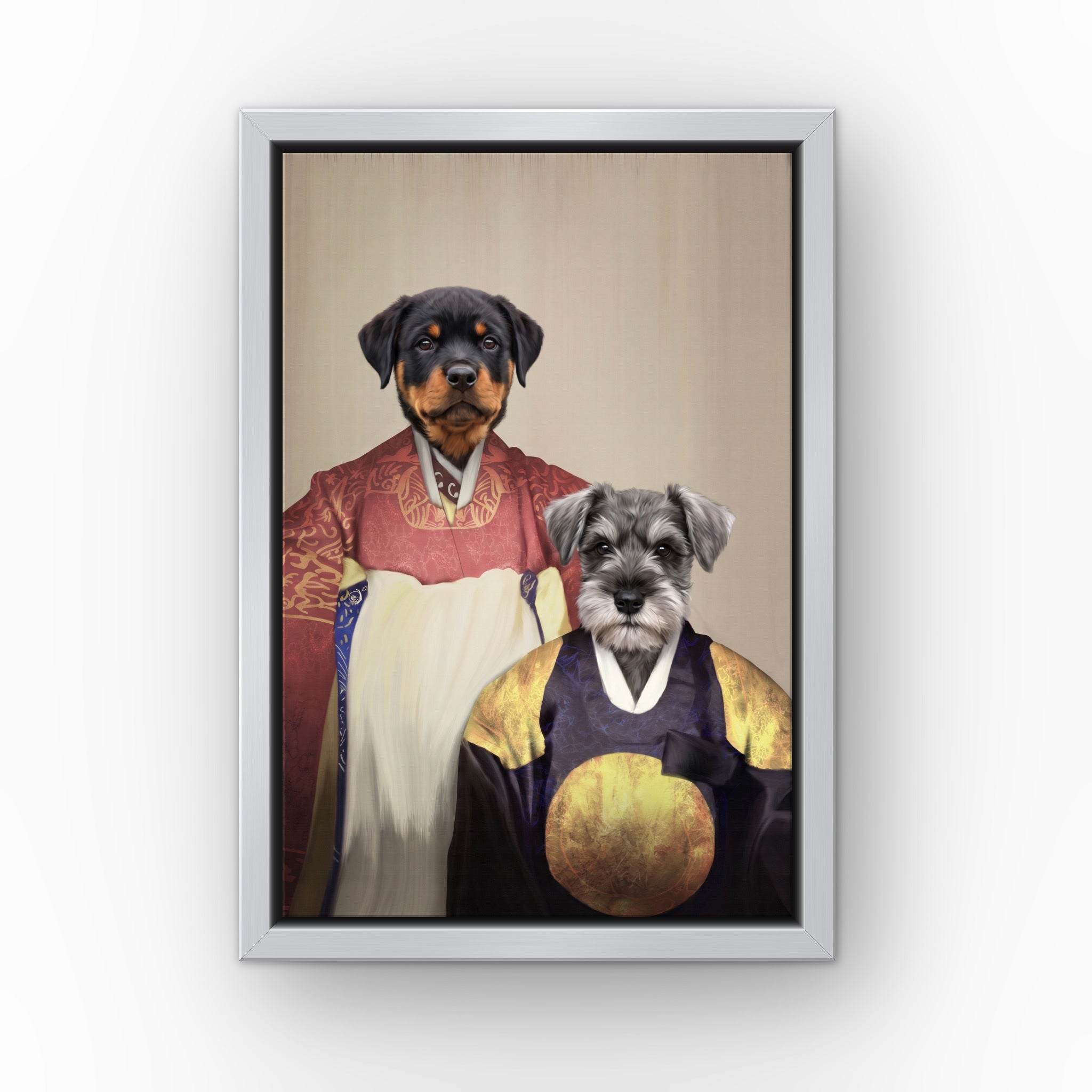 The Wise Pair custom pet canvas in a silver floating frame