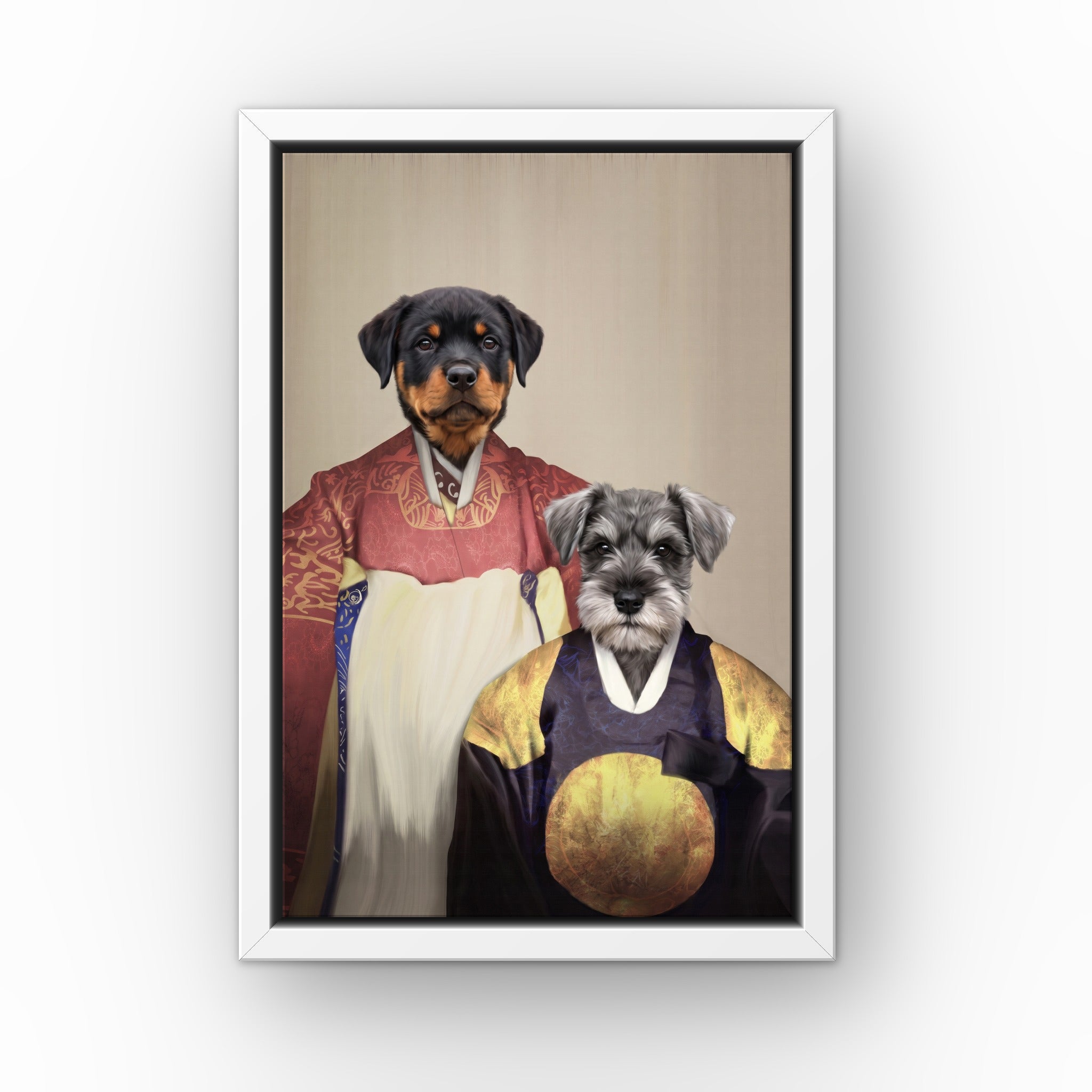 The Wise Pair custom pet canvas in a white floating frame