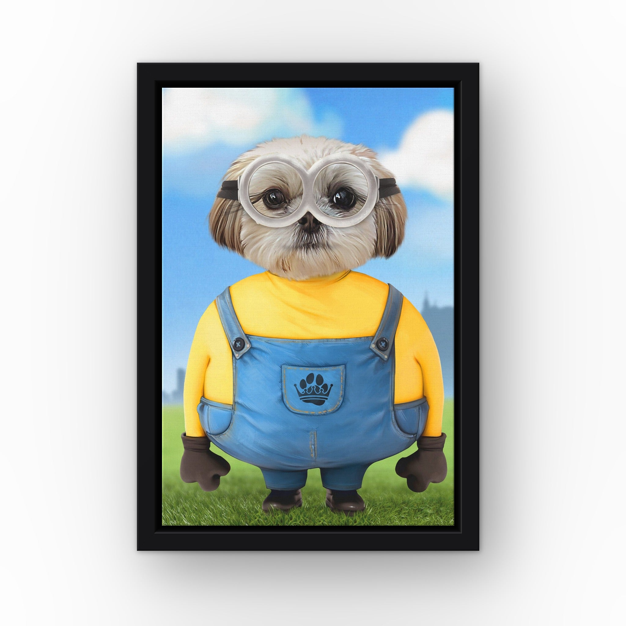 The Yellow Creature custom pet canvas in a black floating frame