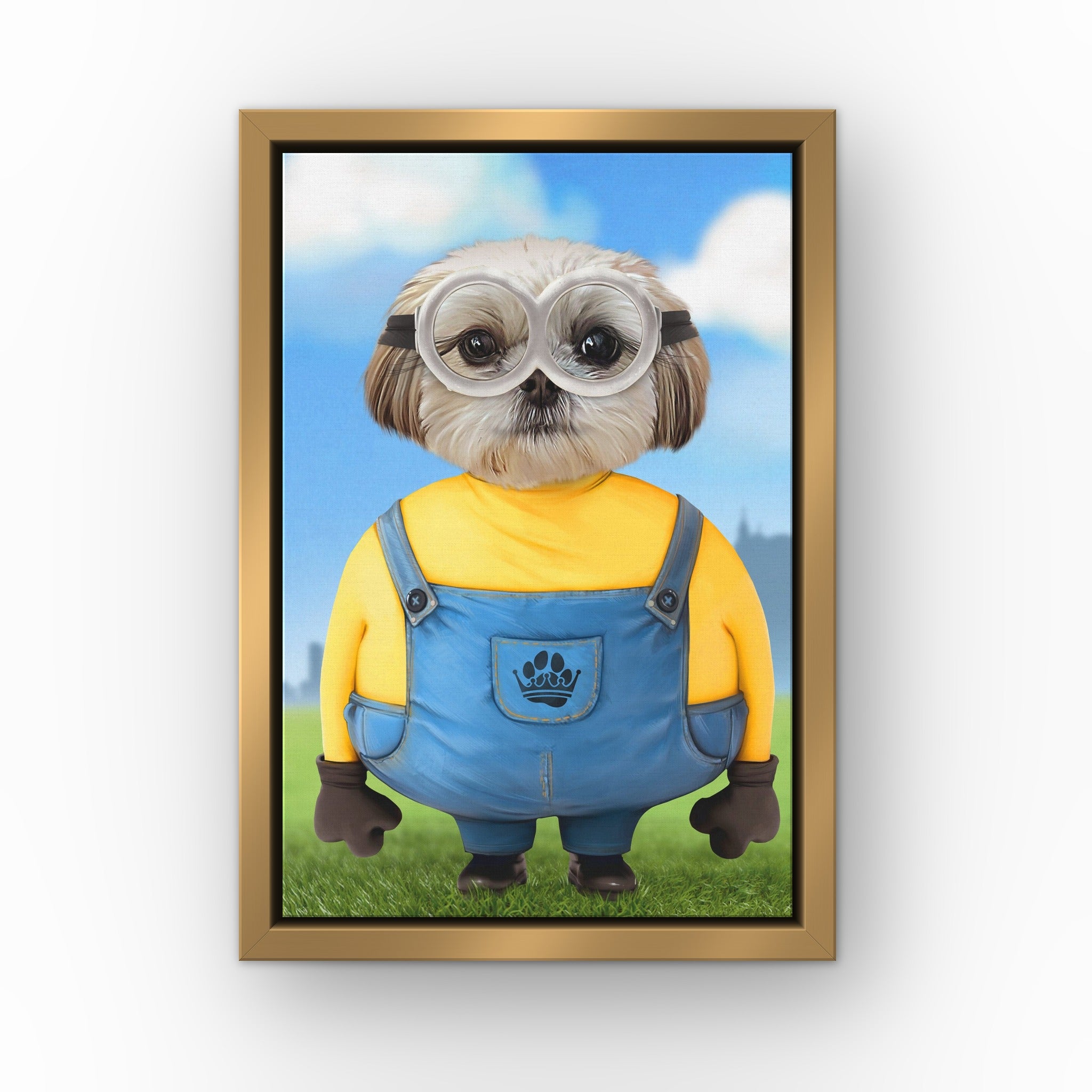The Yellow Creature custom pet canvas in a gold floating frame