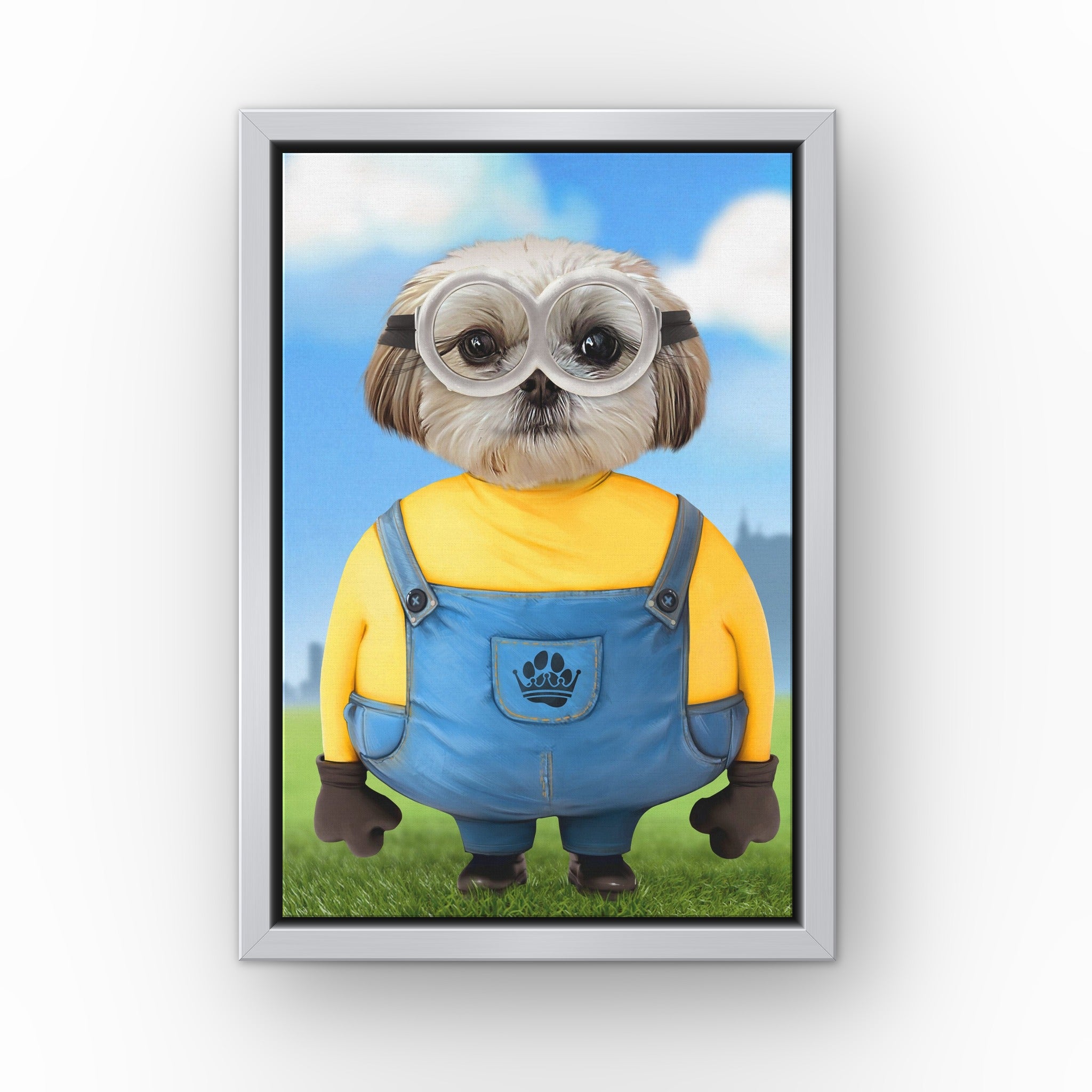 The Yellow Creature custom pet canvas in a silver floating frame