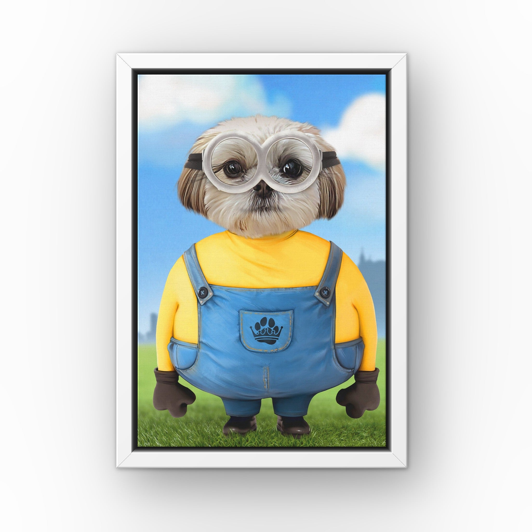The Yellow Creature custom pet canvas in a white floating frame