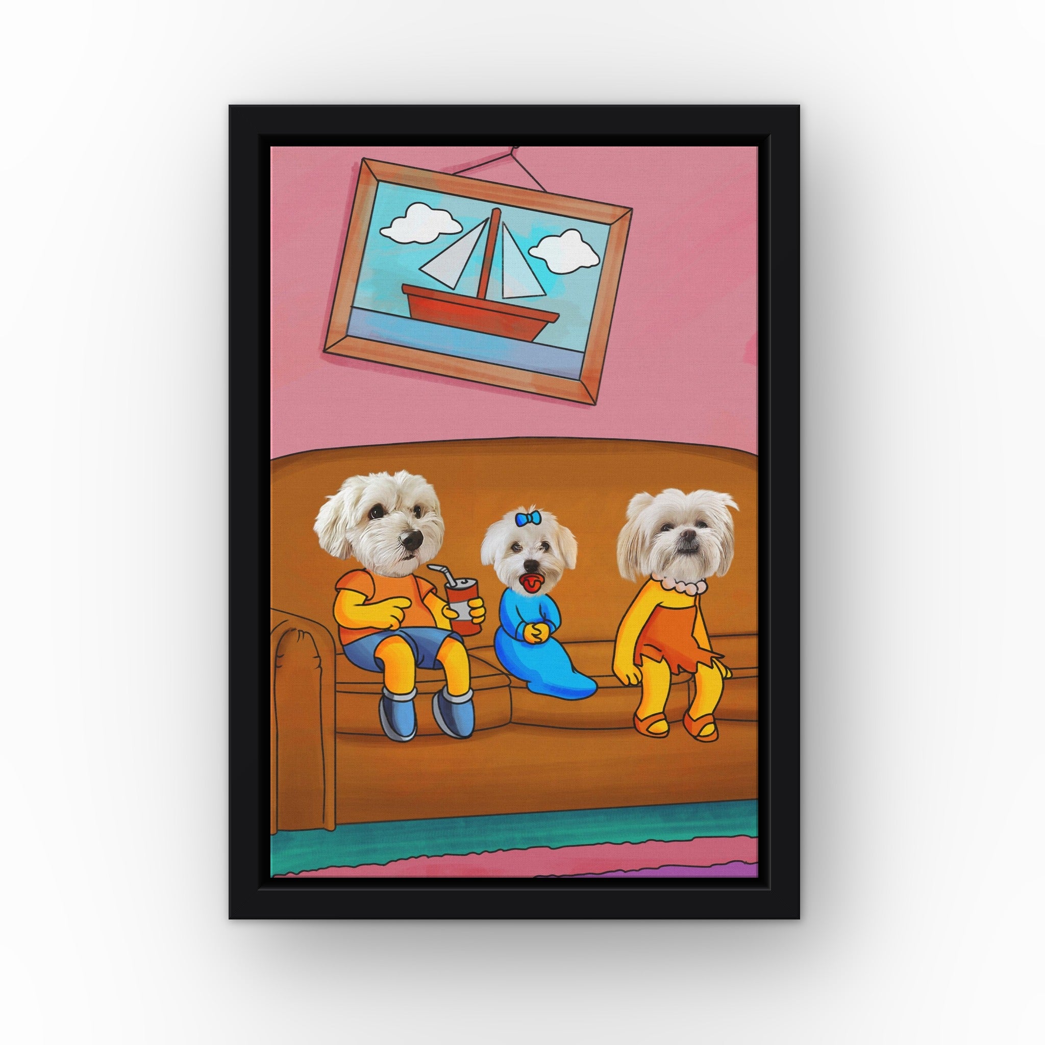 The Yellow Three custom pet canvas in a black floating frame