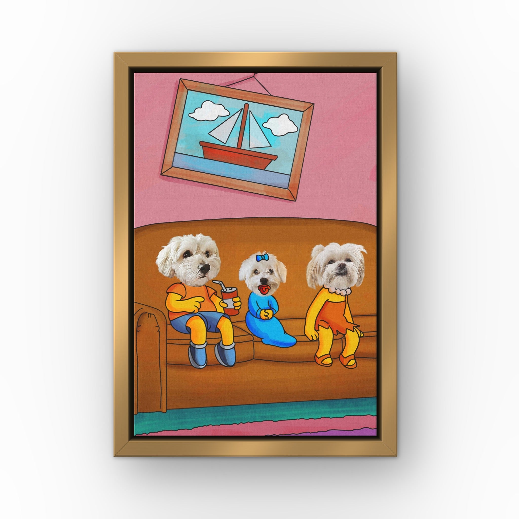 The Yellow Three custom pet canvas in a gold floating frame