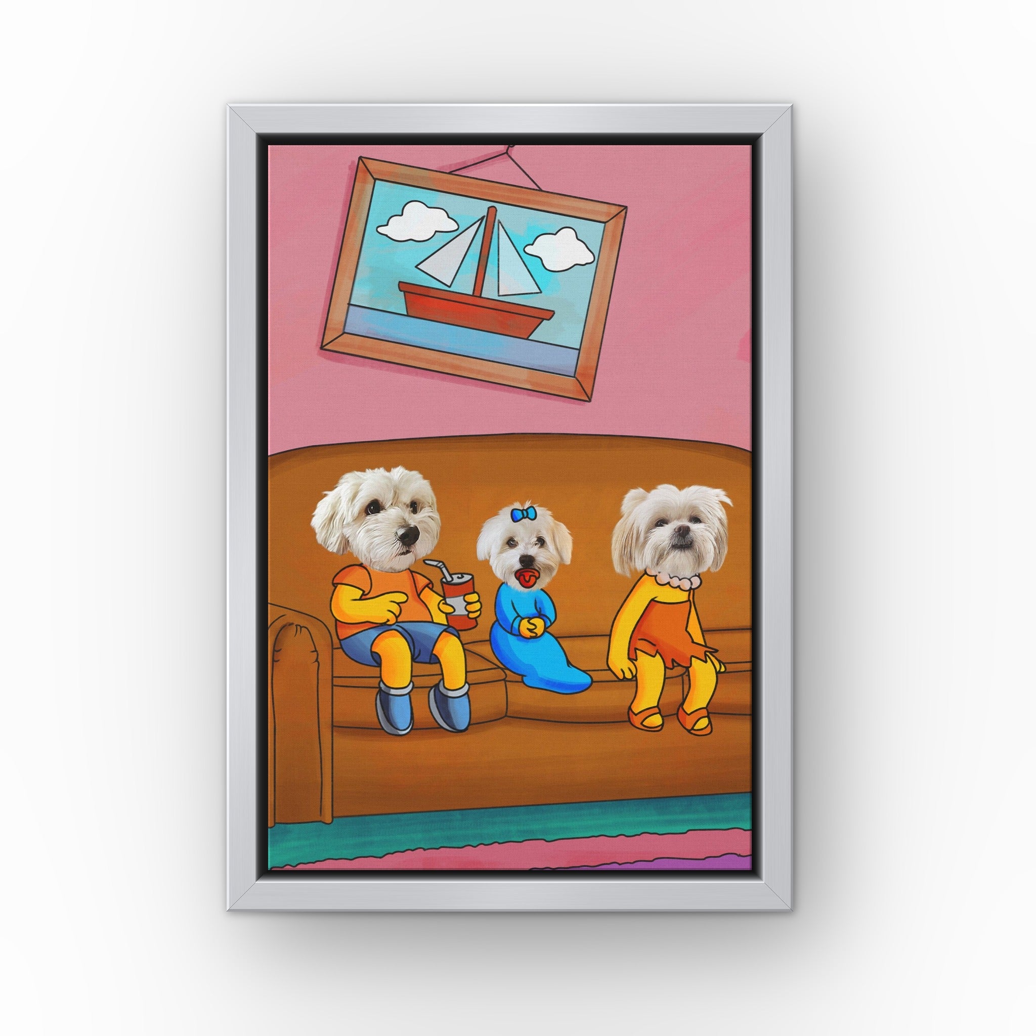 The Yellow Three custom pet canvas in a silver floating frame