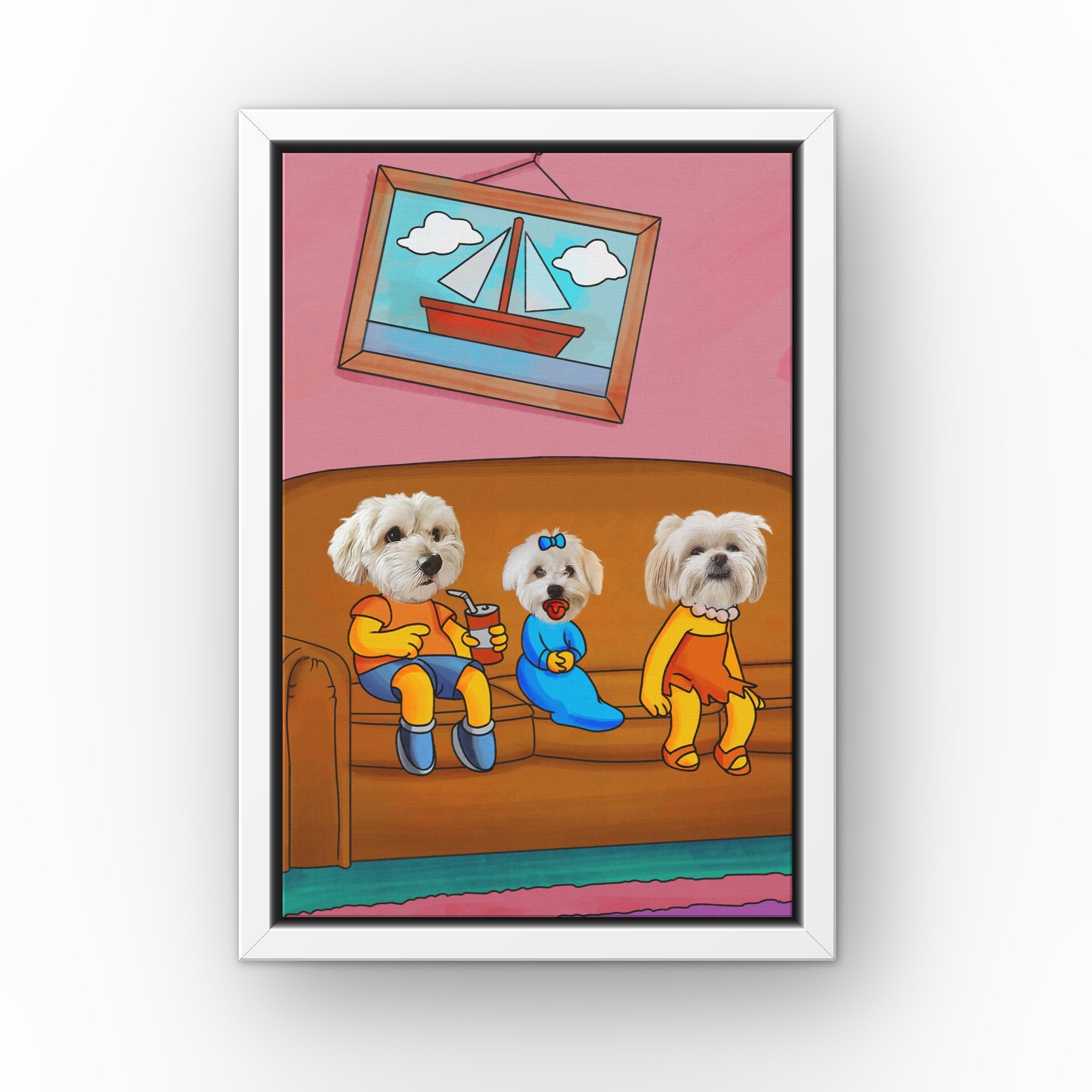 The Yellow Three custom pet canvas in a white floating frame