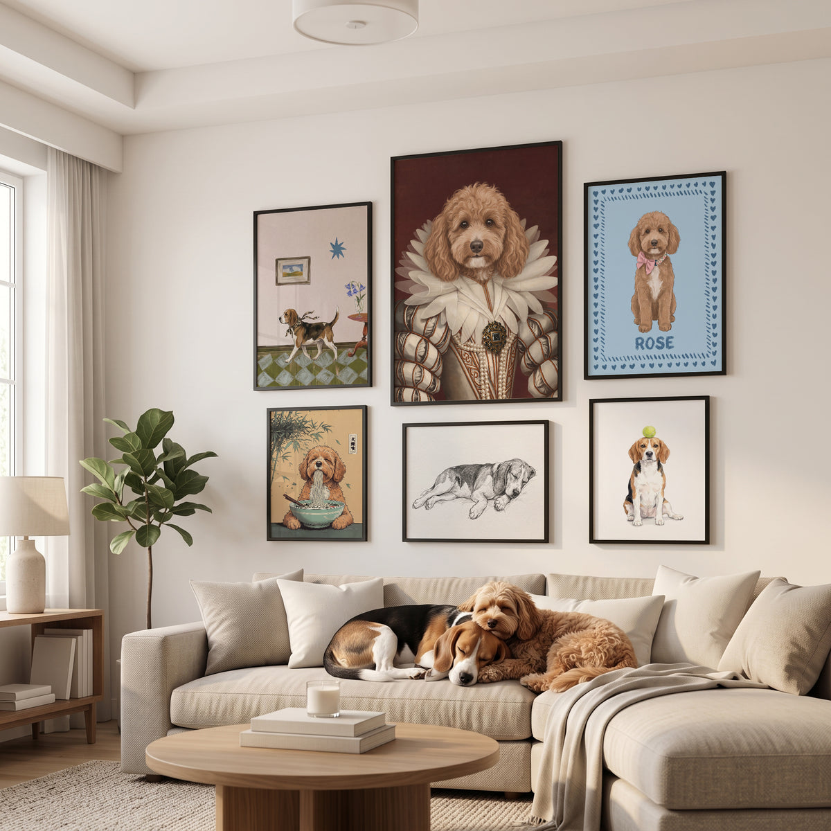 A wall collage of pet portraits