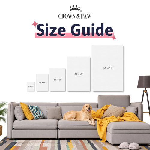 Unframed canvas size guide: 8x10, 12x18, 16x24, 24x36 and 32x48 inch canvases shown to scale