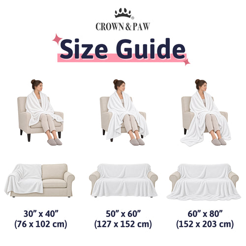 Blanket size guide: 30x40, 50x60 and 60x80 inch blankets on a chair and a sofa