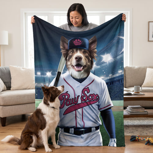 Cavalier King Charles spaniel with the Boston Paw Sox custom pet blanket: held up for size