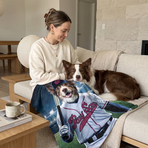 Cavalier King Charles spaniel with the Boston Paw Sox custom pet blanket: owner + pet on sofa