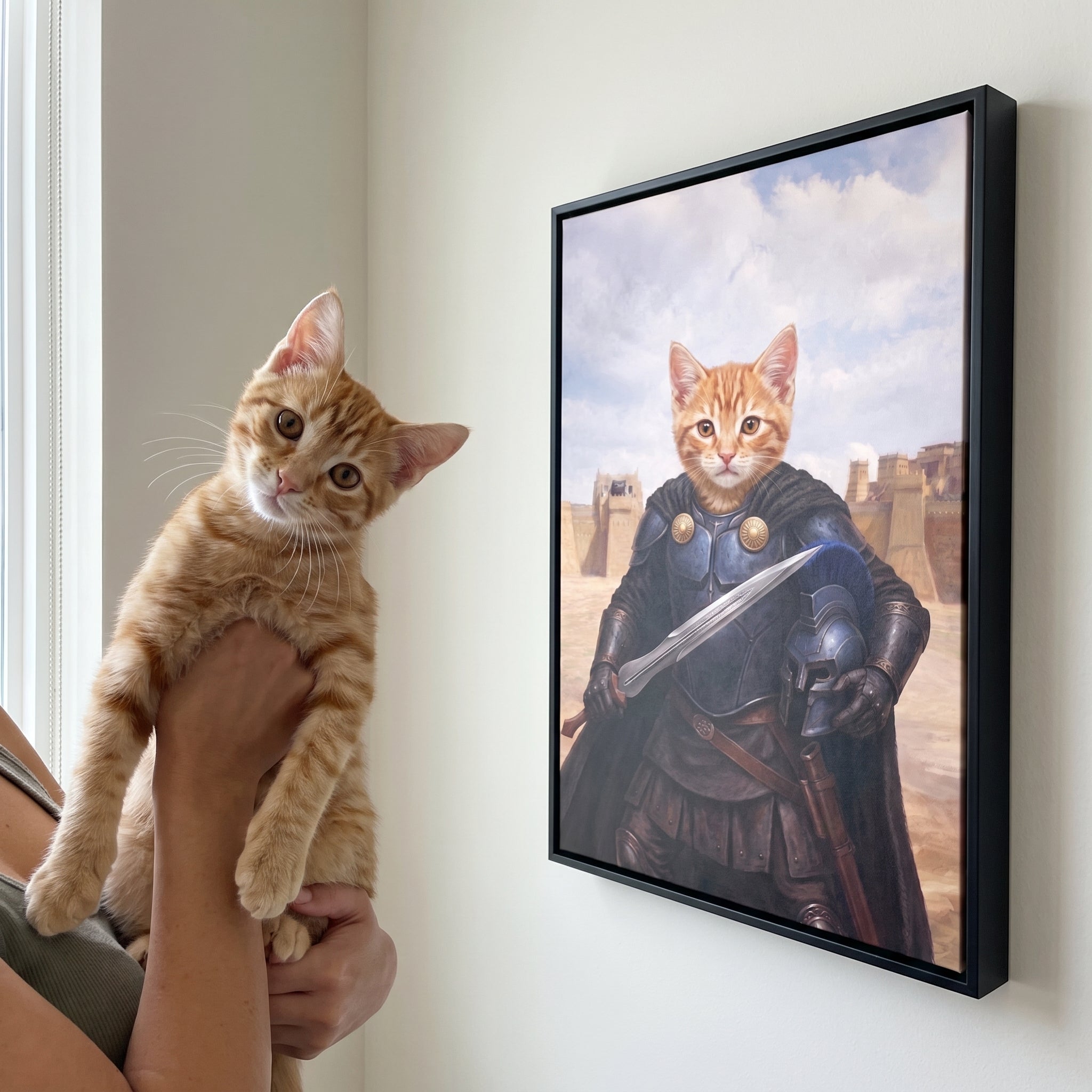 Ginger tabby cat next to its Agamemnon custom pet canvas