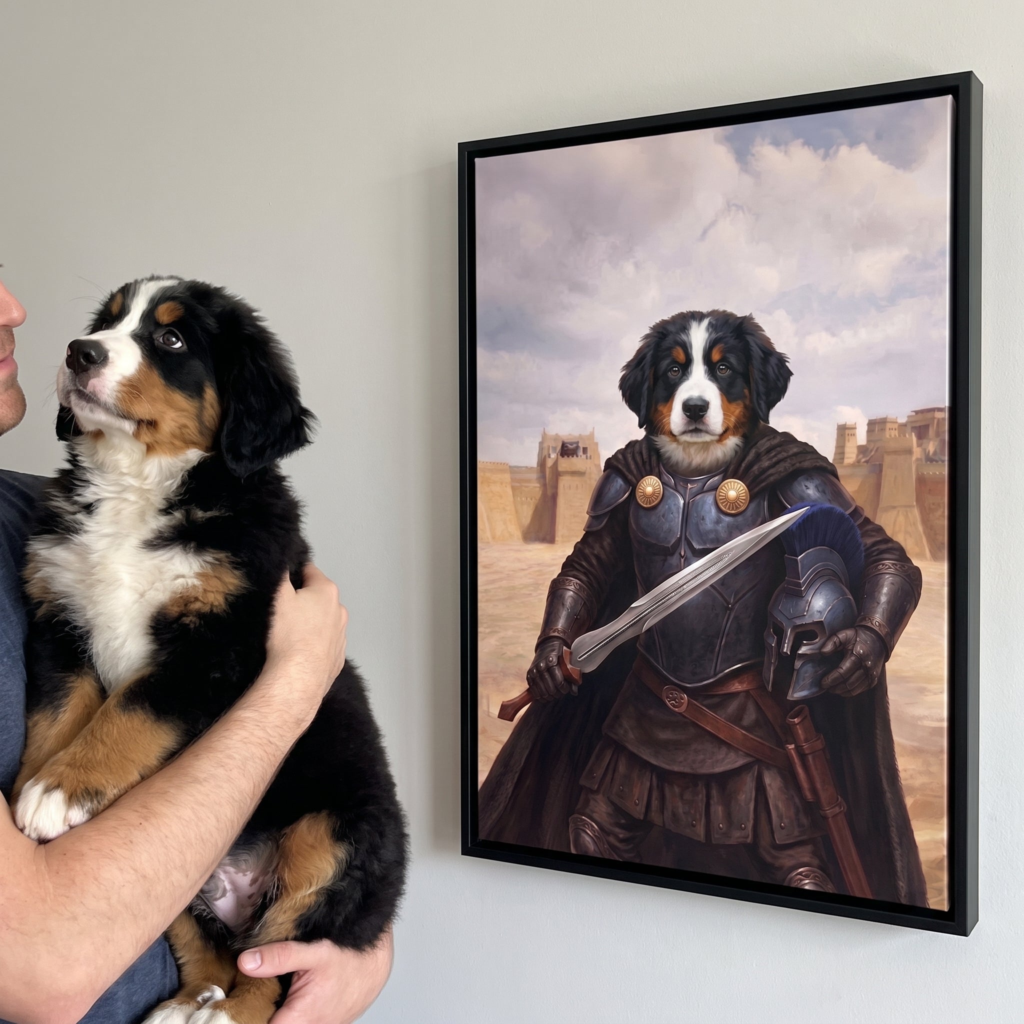 Bernese mountain dog next to its Agamemnon custom pet canvas