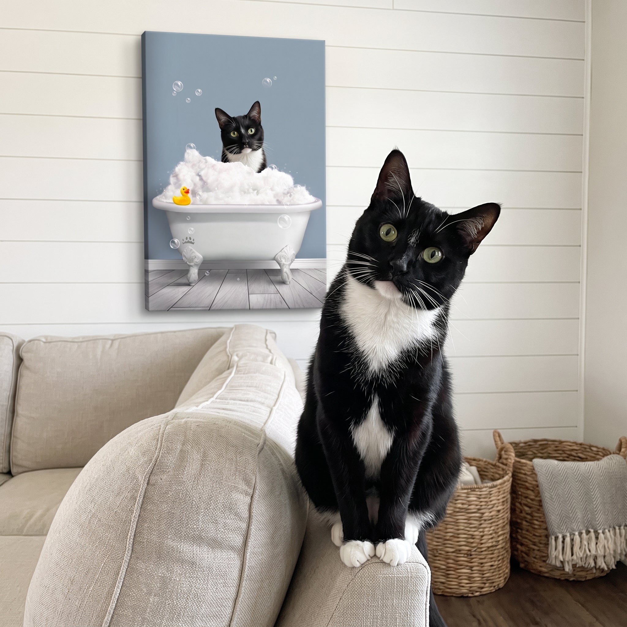 Tuxedo cat next to its Bath Tub Pet Portrait (One Pet)