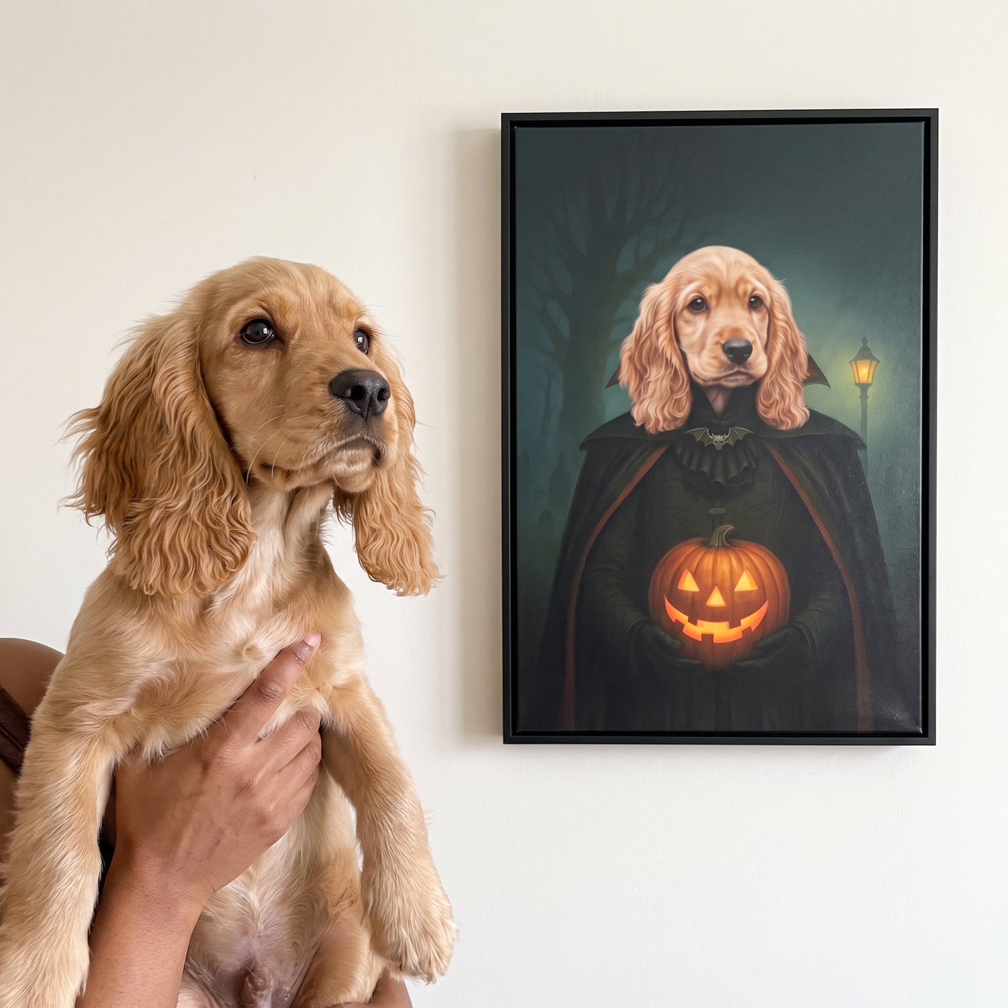 Cocker spaniel next to its Count Barkula custom pet canvas