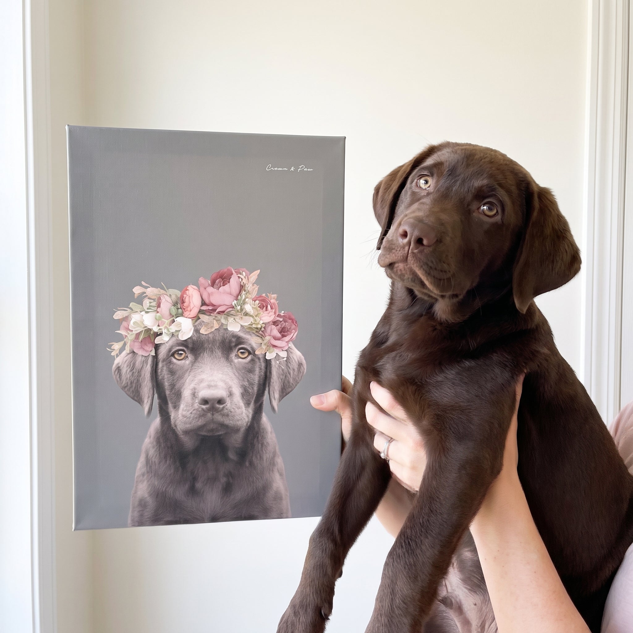 Chocolate labrador next to its Floral Crown Pet Portrait custom pet canvas