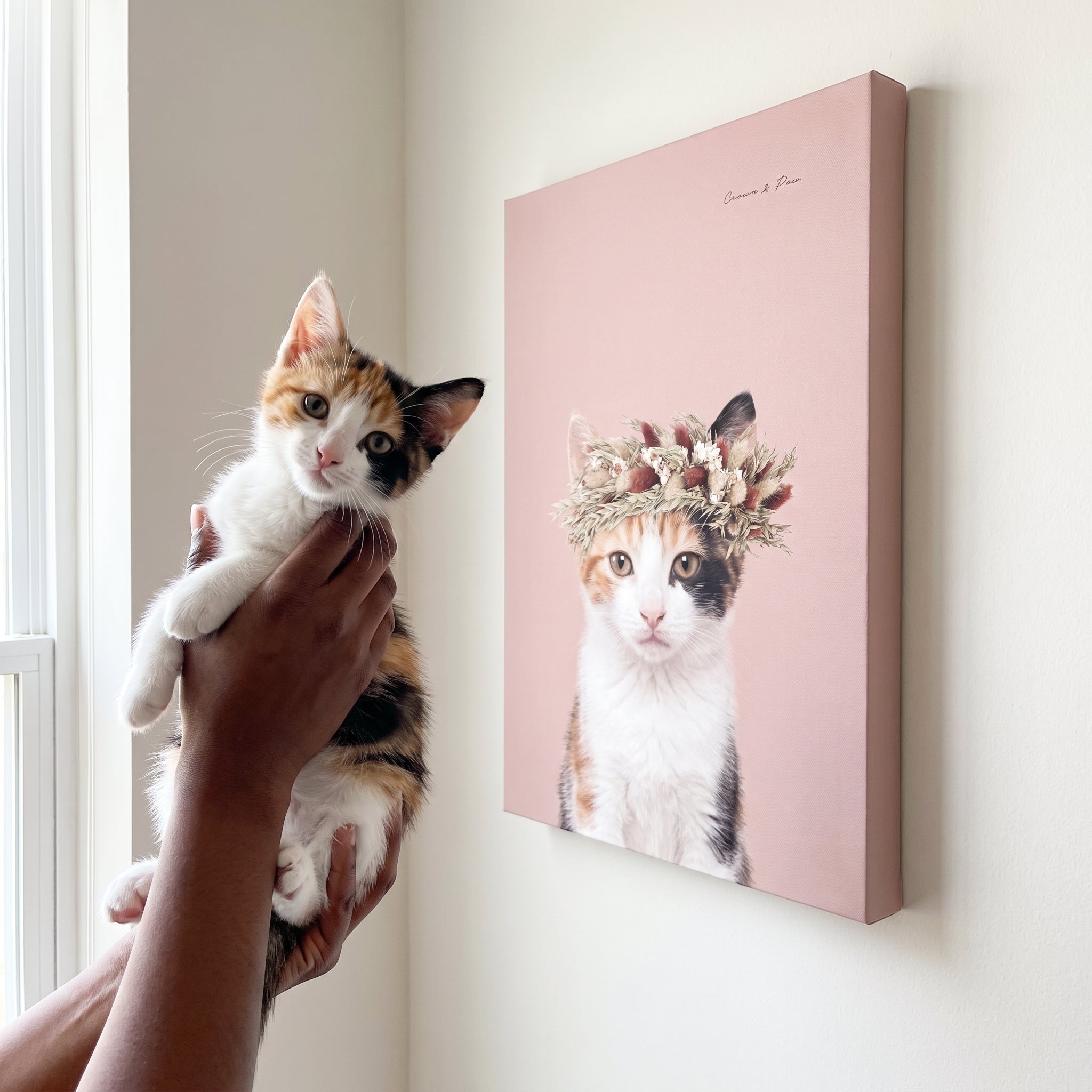 Calico cat next to its Foliage Pet Portrait custom pet canvas