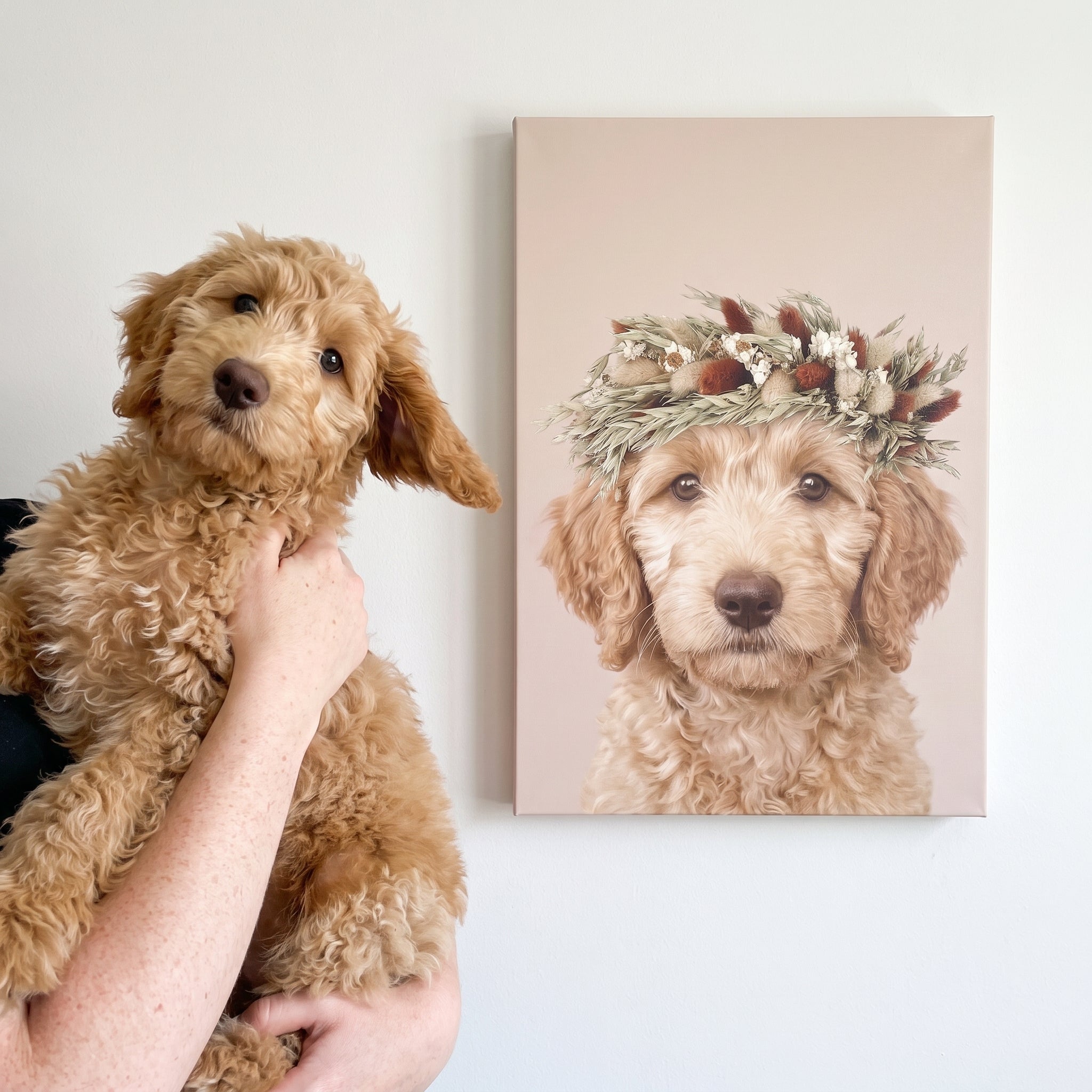 Goldendoodle next to its Foliage Pet Portrait custom pet canvas