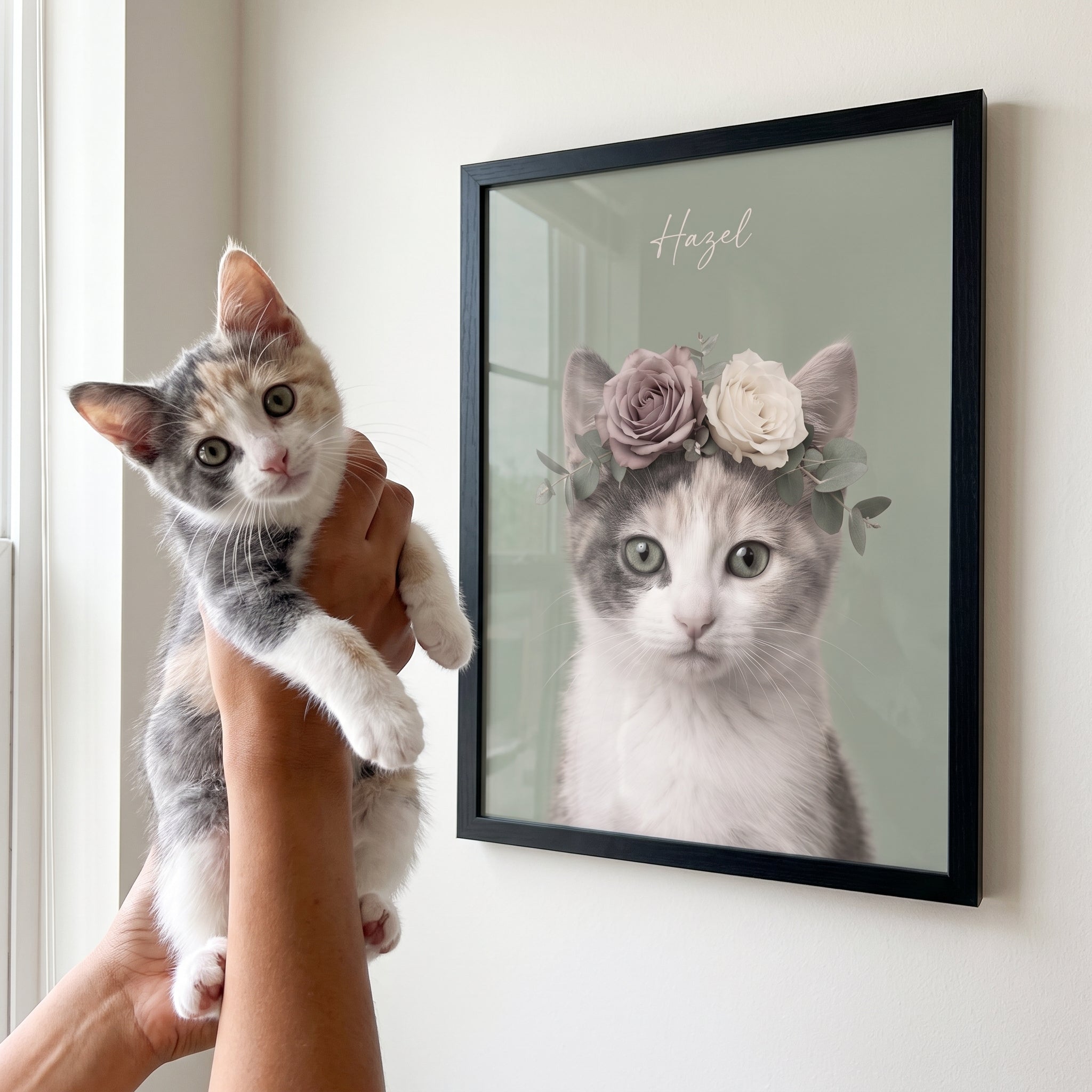 Dilute calico cat next to its Full Bloom custom pet poster