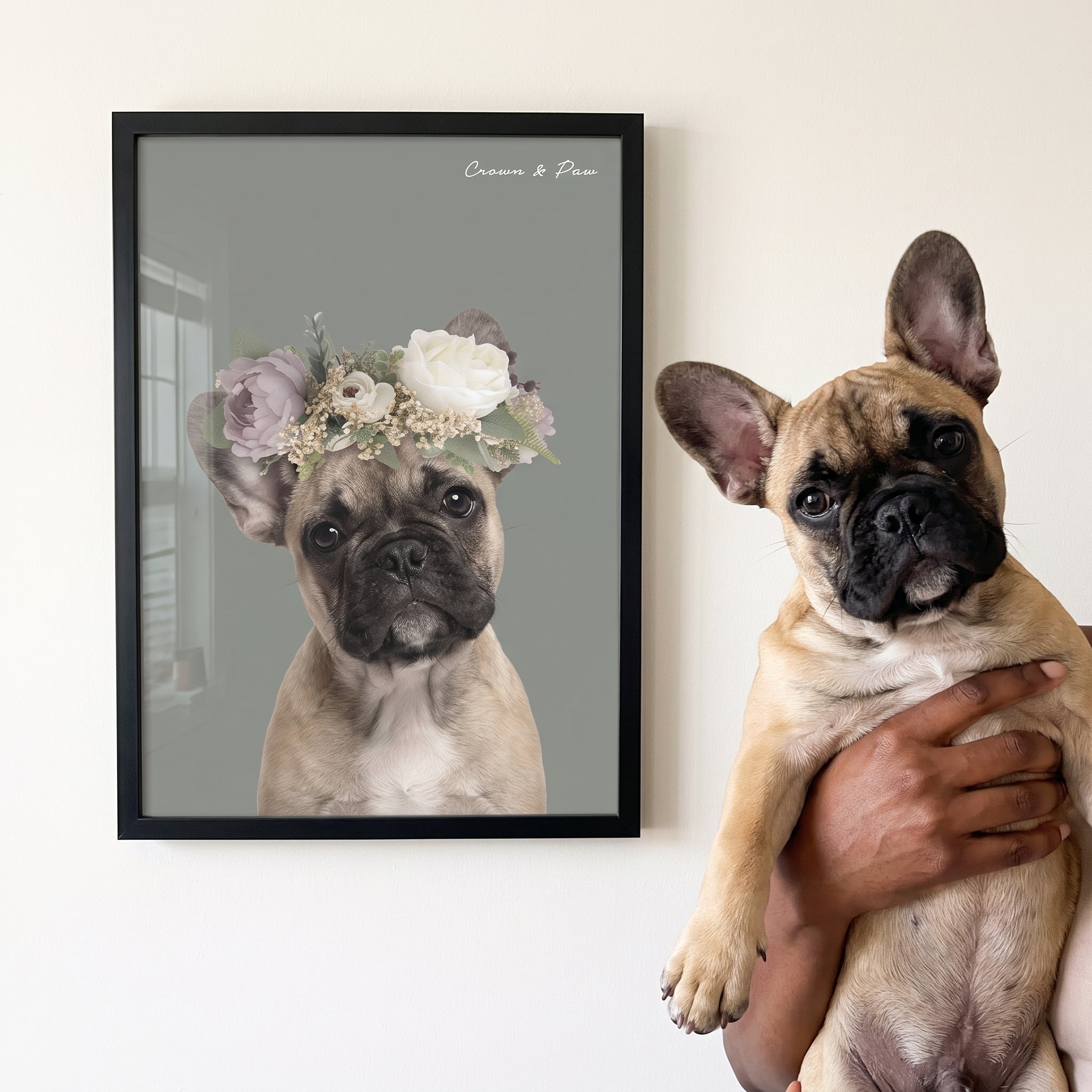 French bulldog next to its Full Bloom custom pet poster