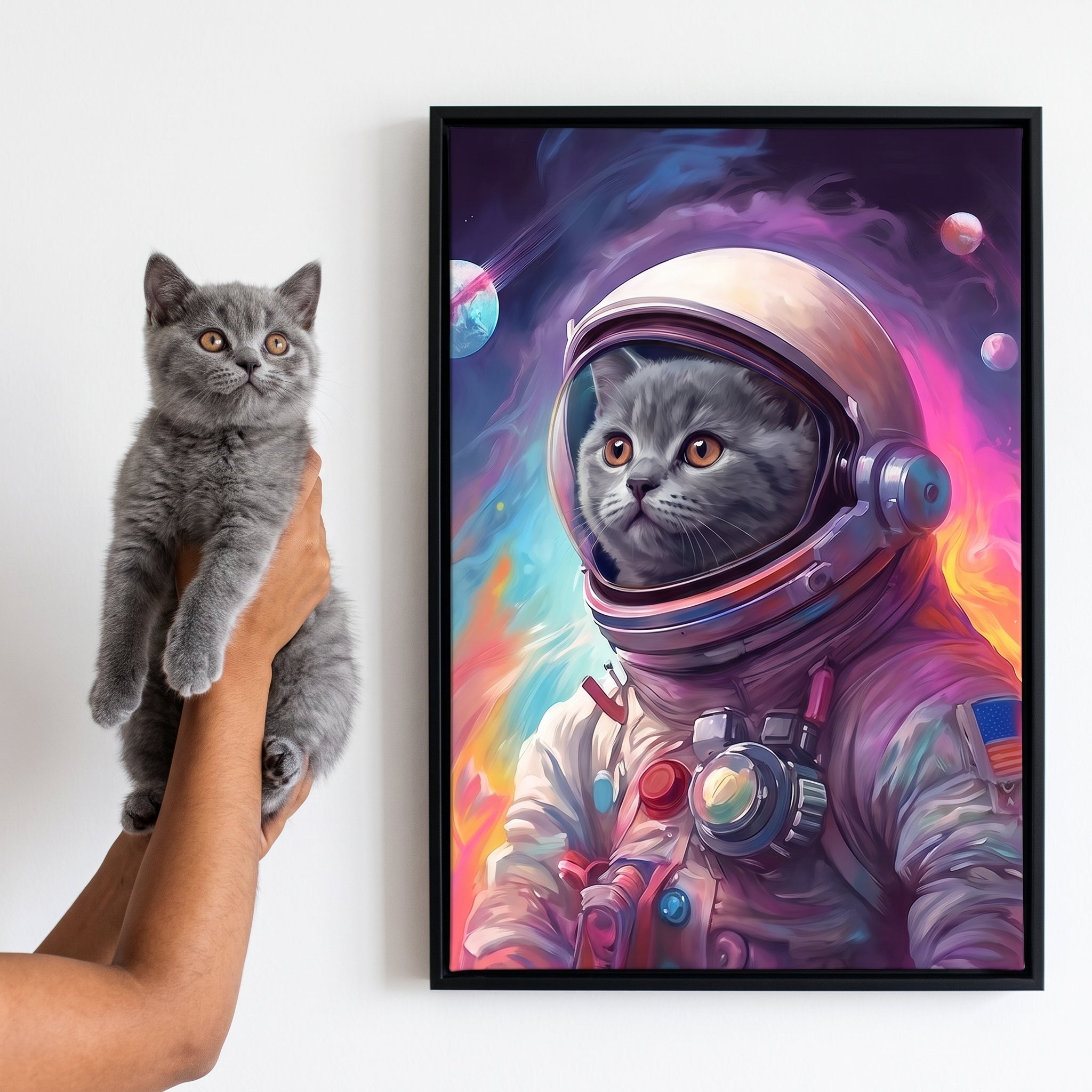 Grey british shorthair cat next to its Galactic Pet custom pet canvas