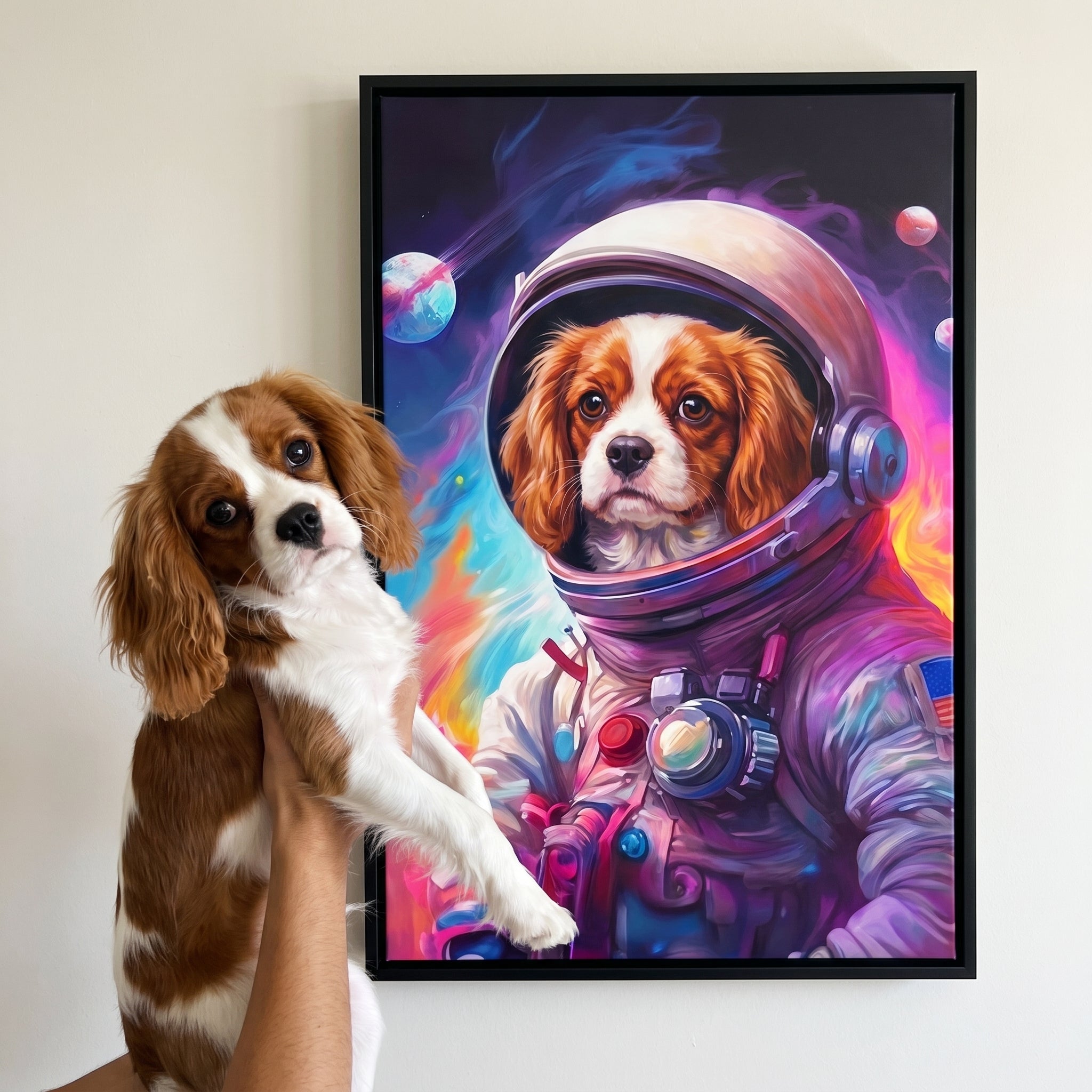 Cavalier king charles spaniel next to its Galactic Pet custom pet canvas
