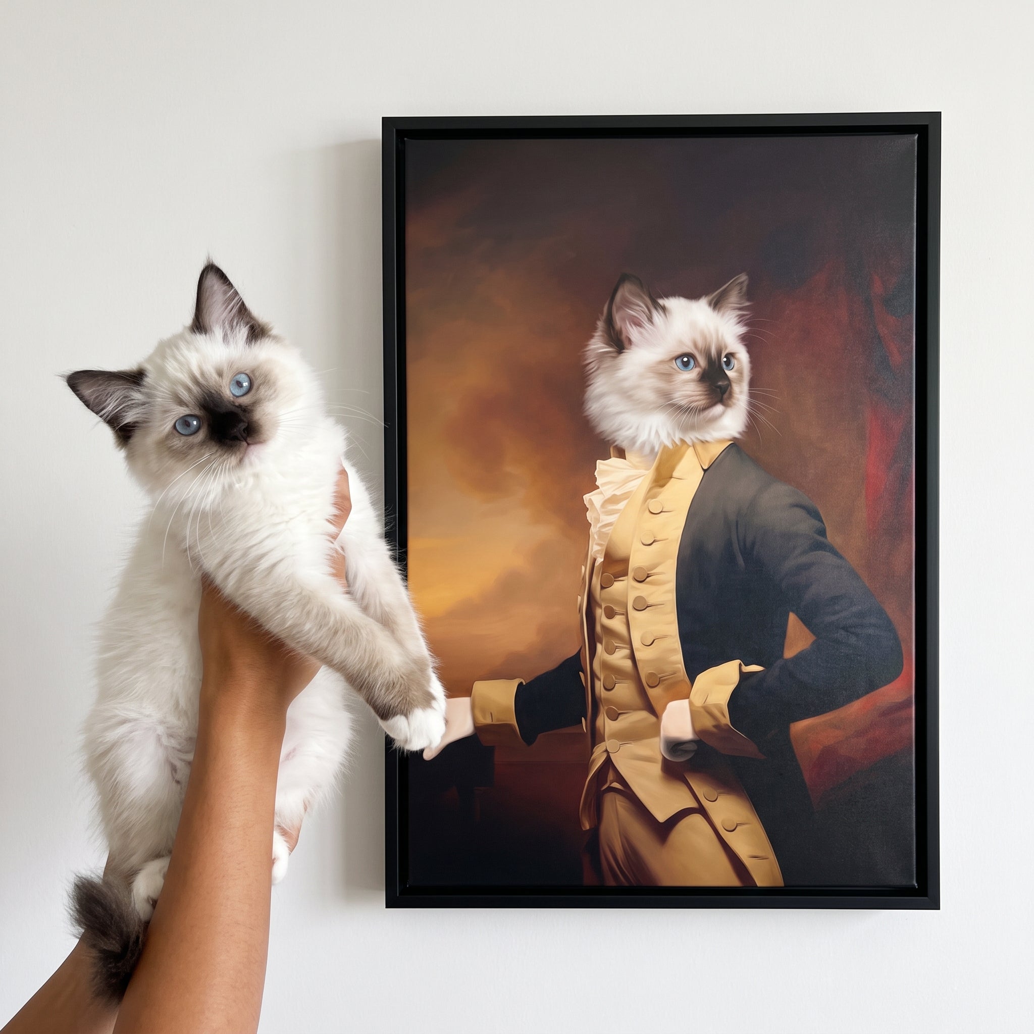 White ragdoll cat next to its Hamilton custom pet canvas