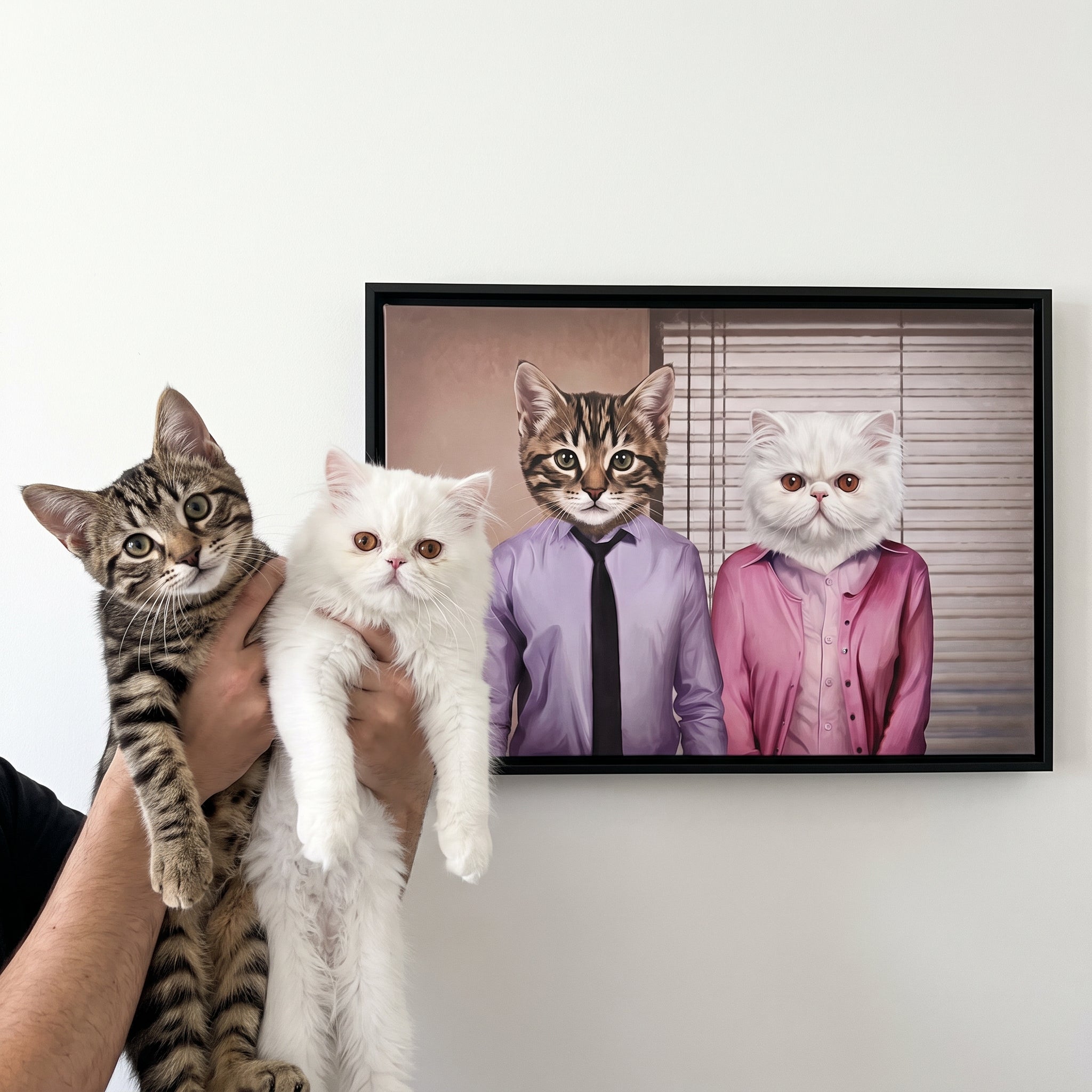 Brown tabby cat and white persian cat next to its Jim and Pam custom pet canvas