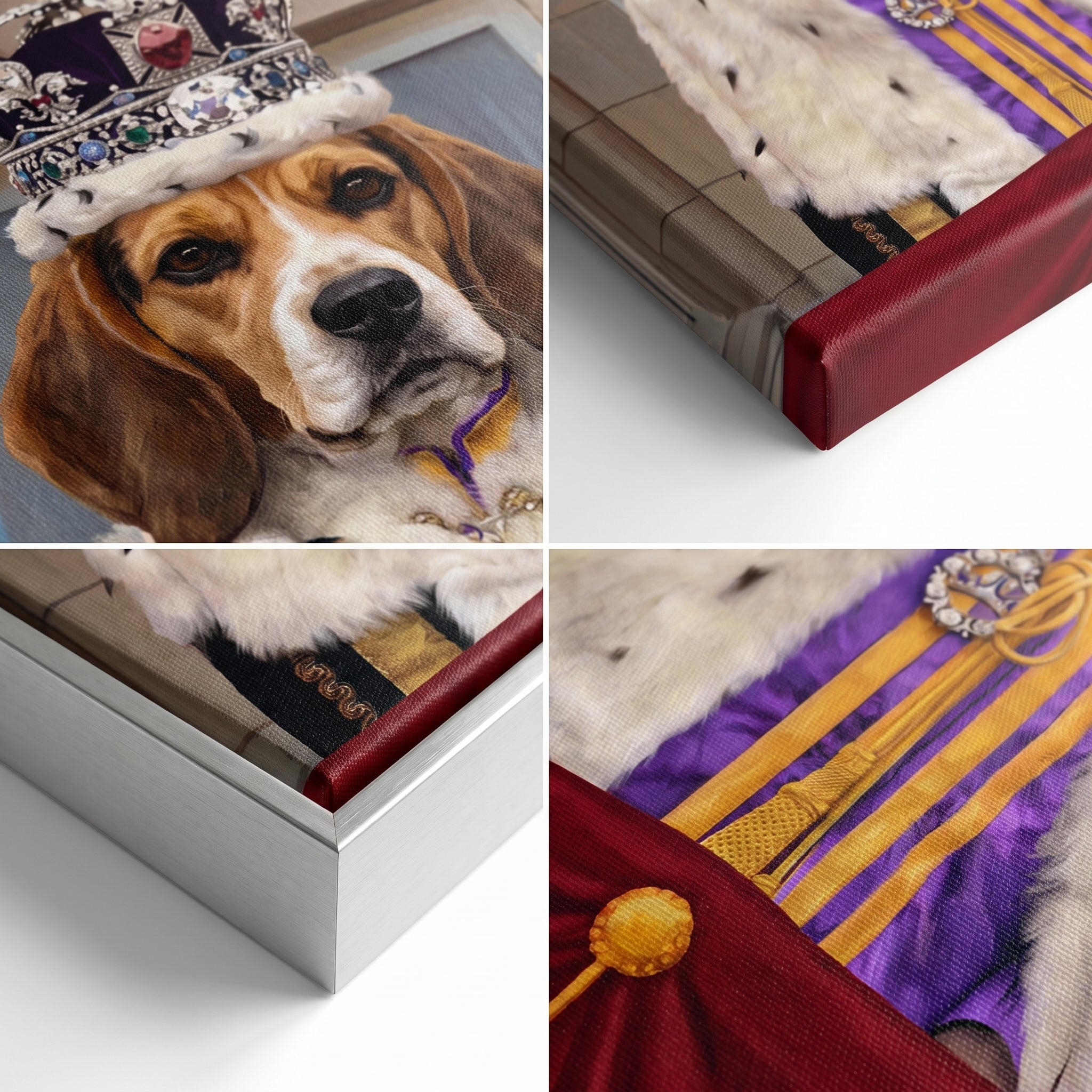 Close-up details of the King's Coronation custom pet canvas