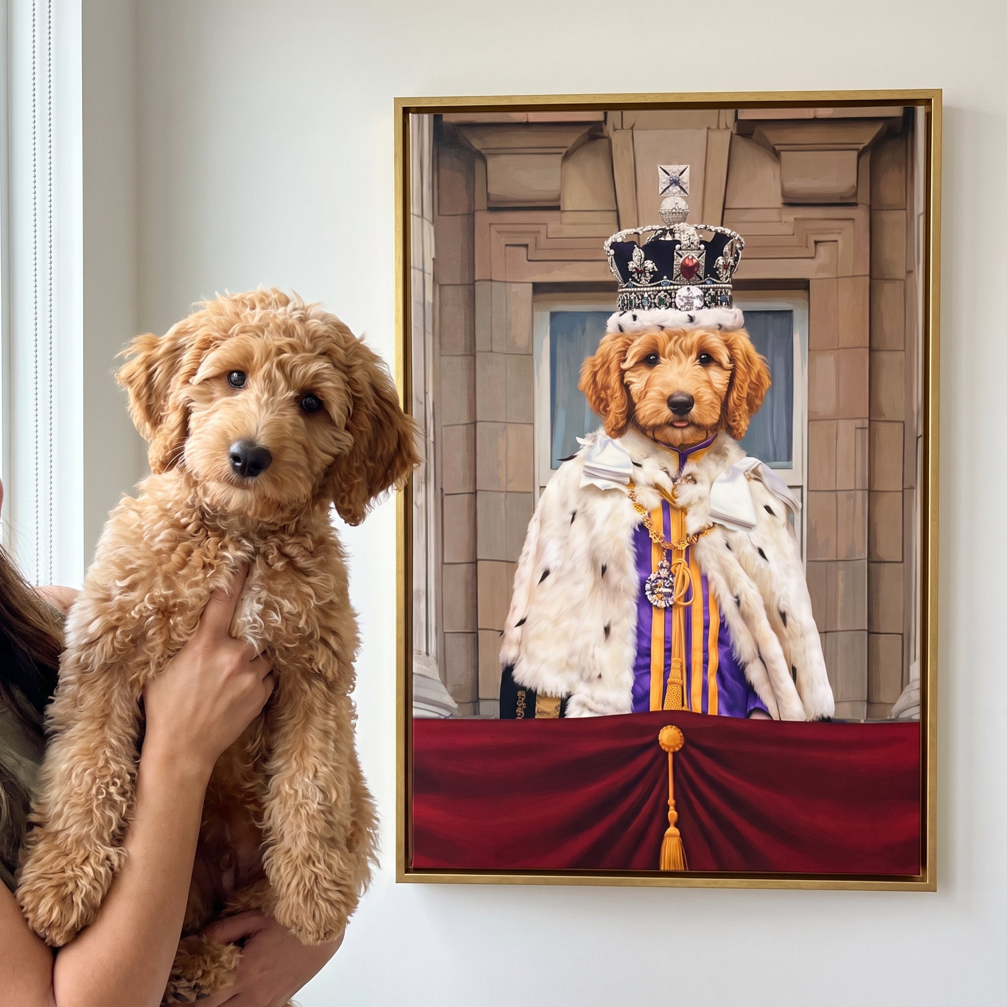 Goldendoodle next to its King's Coronation custom pet canvas