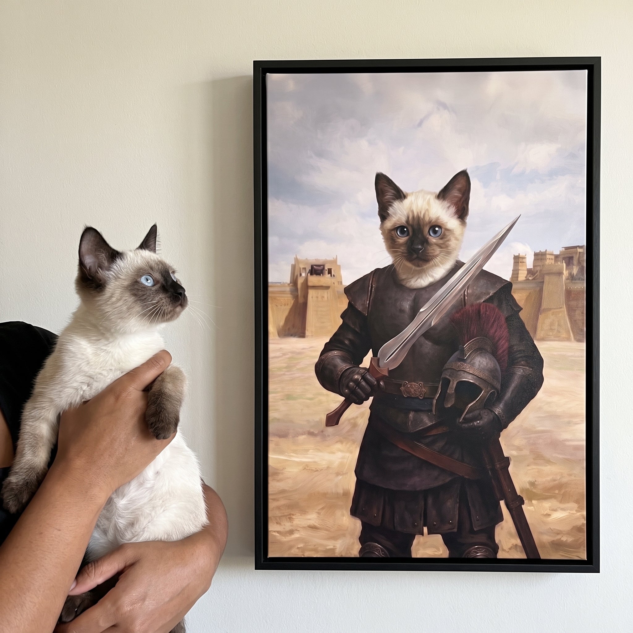 Siamese cat next to its Odysseus custom pet canvas