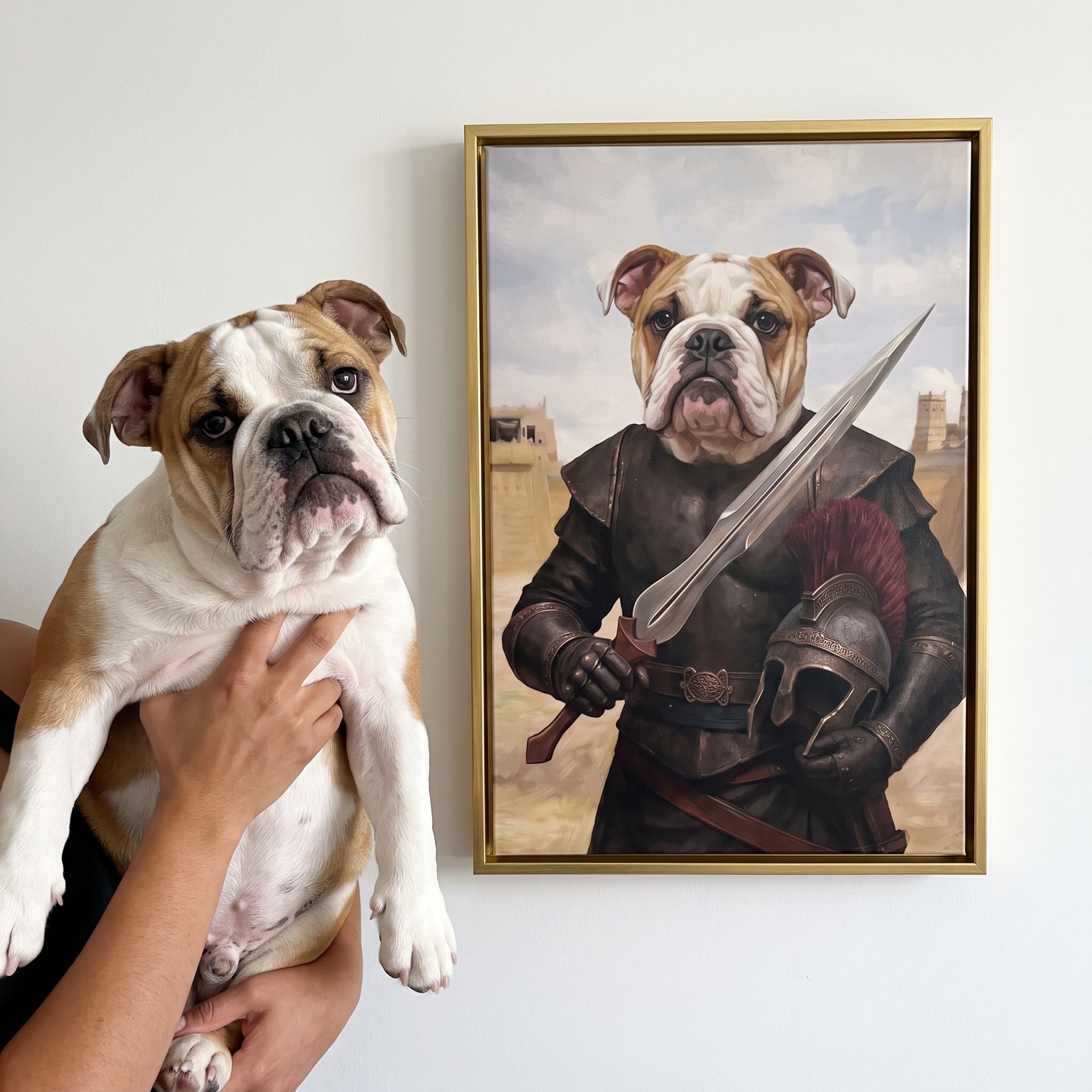 Bulldog next to its Odysseus custom pet canvas