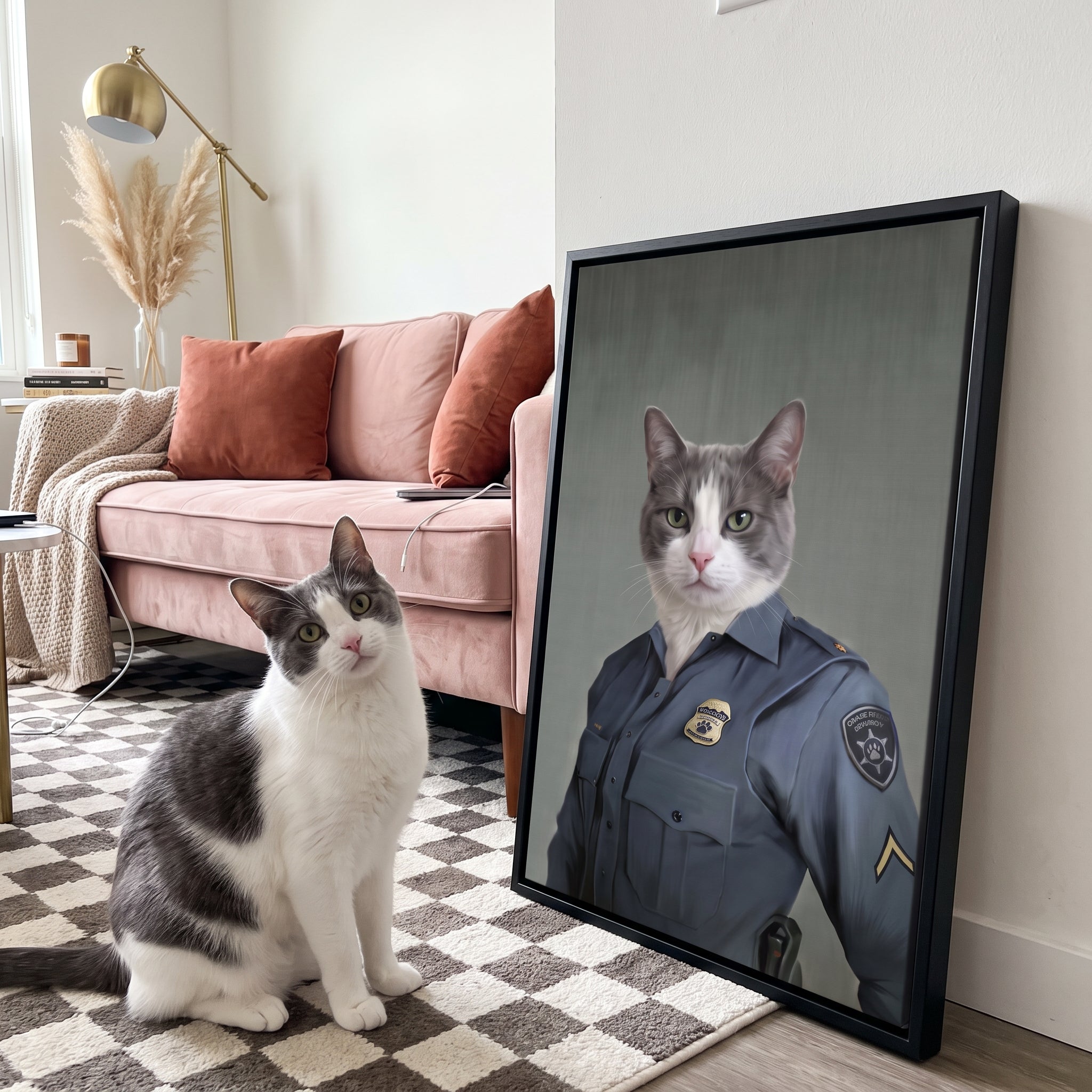 Grey and white cat next to its Police Officer (Female) custom pet canvas