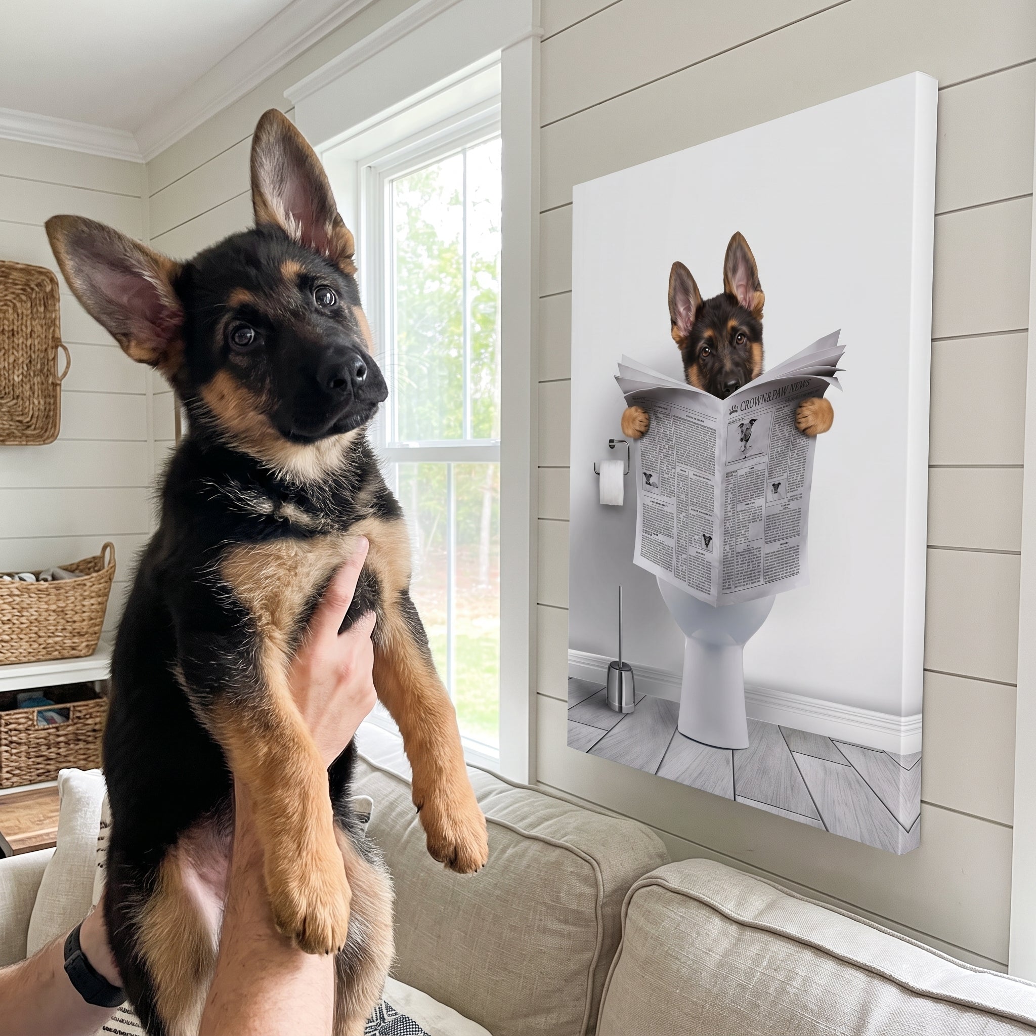 German shepherd next to its Restroom Pet Portrait