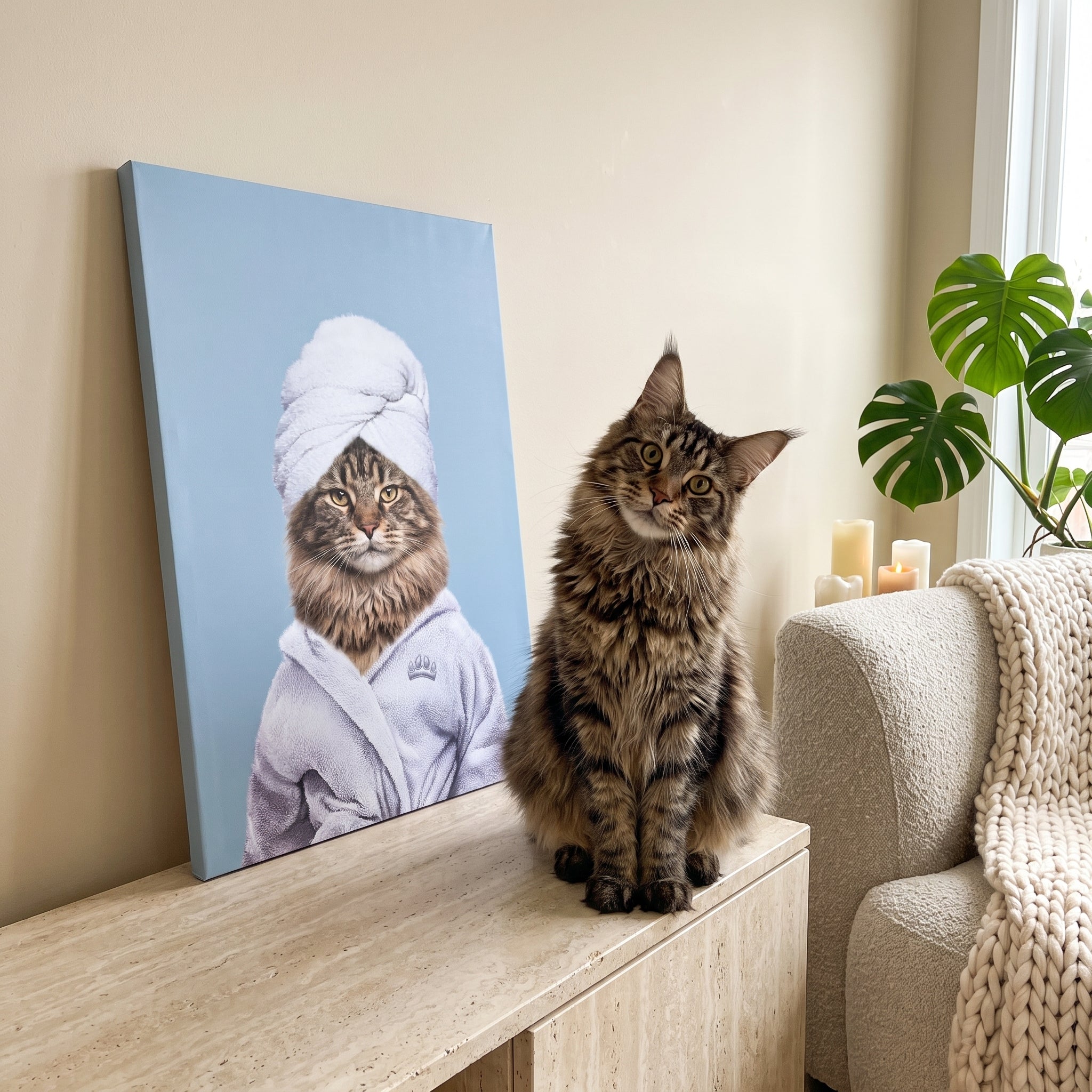 Fluffy maine coon cat next to its Spa Day Pet Portrait