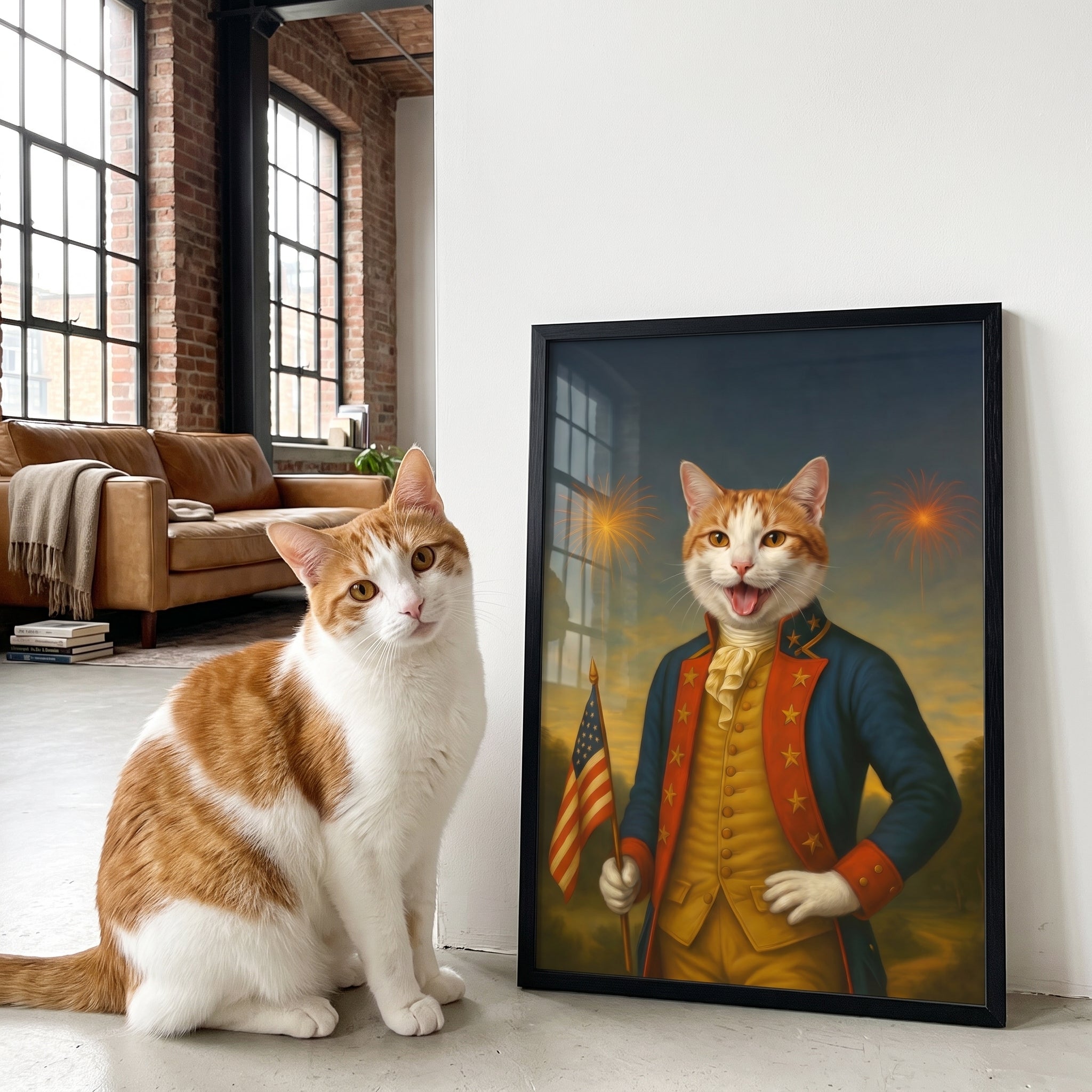 Ginger and white cat next to its The 4th of July custom pet poster