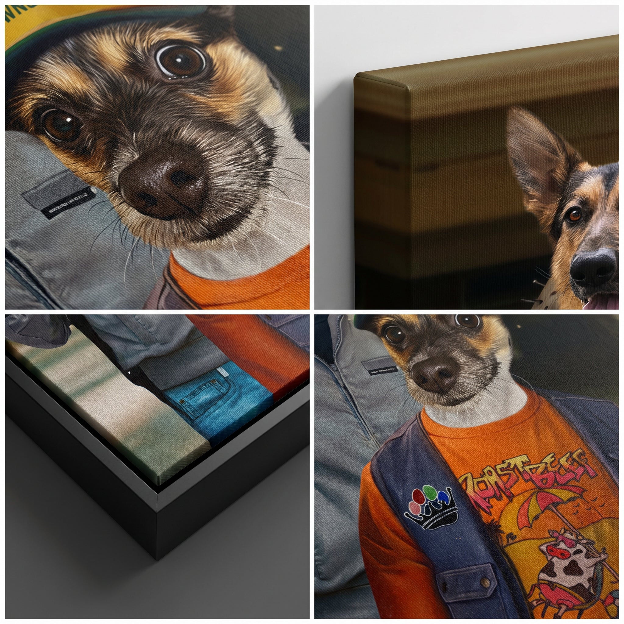 Close-up details of The 80's Dynamic Duo custom pet canvas
