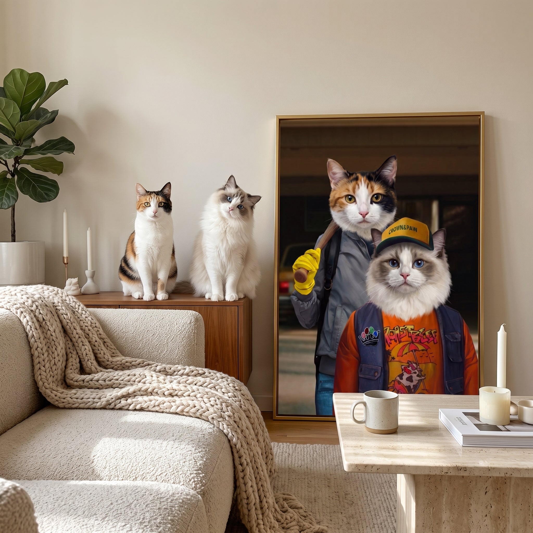 Calico cat and white ragdoll cat next to its The 80's Dynamic Duo custom pet canvas