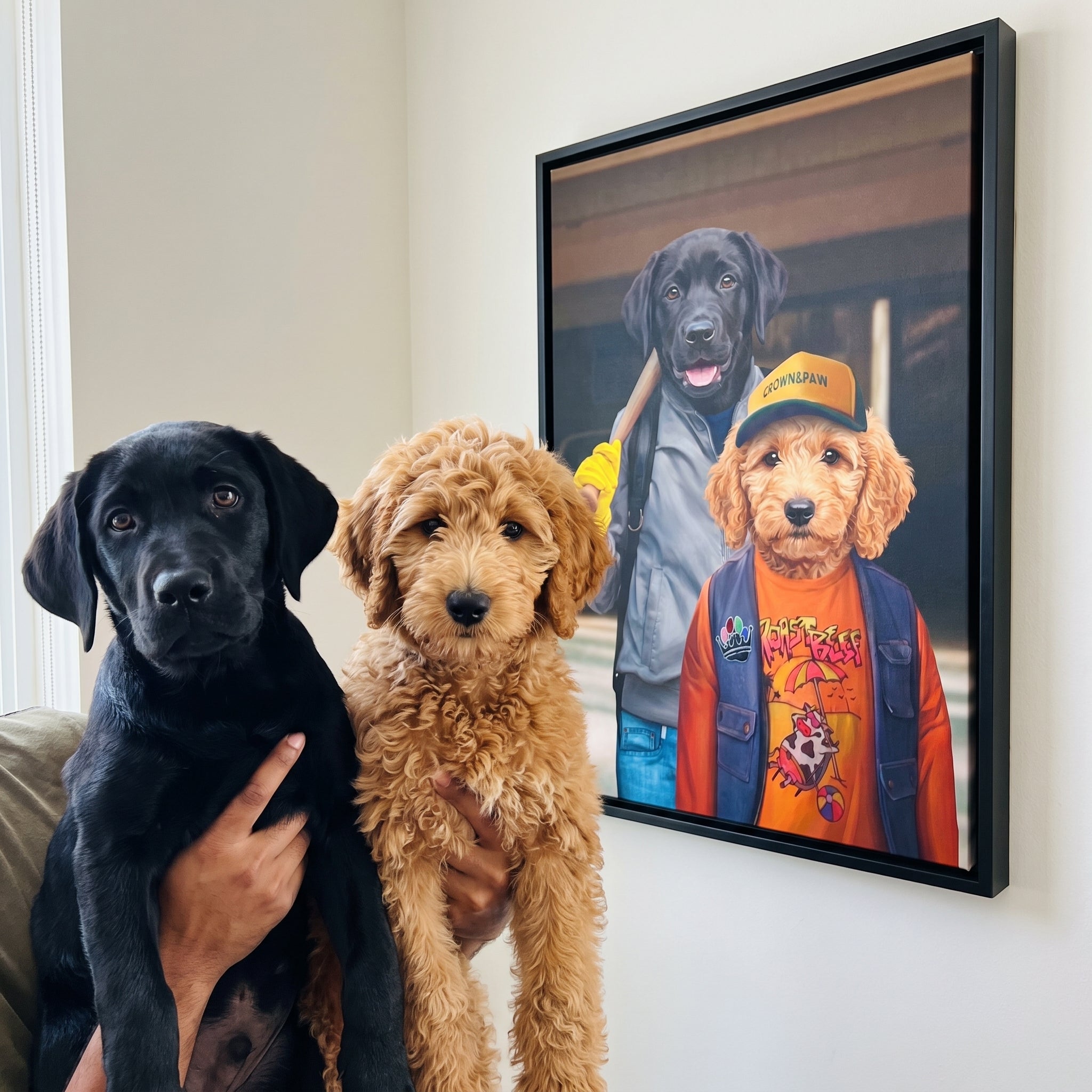Black labrador and goldendoodle next to its The 80's Dynamic Duo custom pet canvas