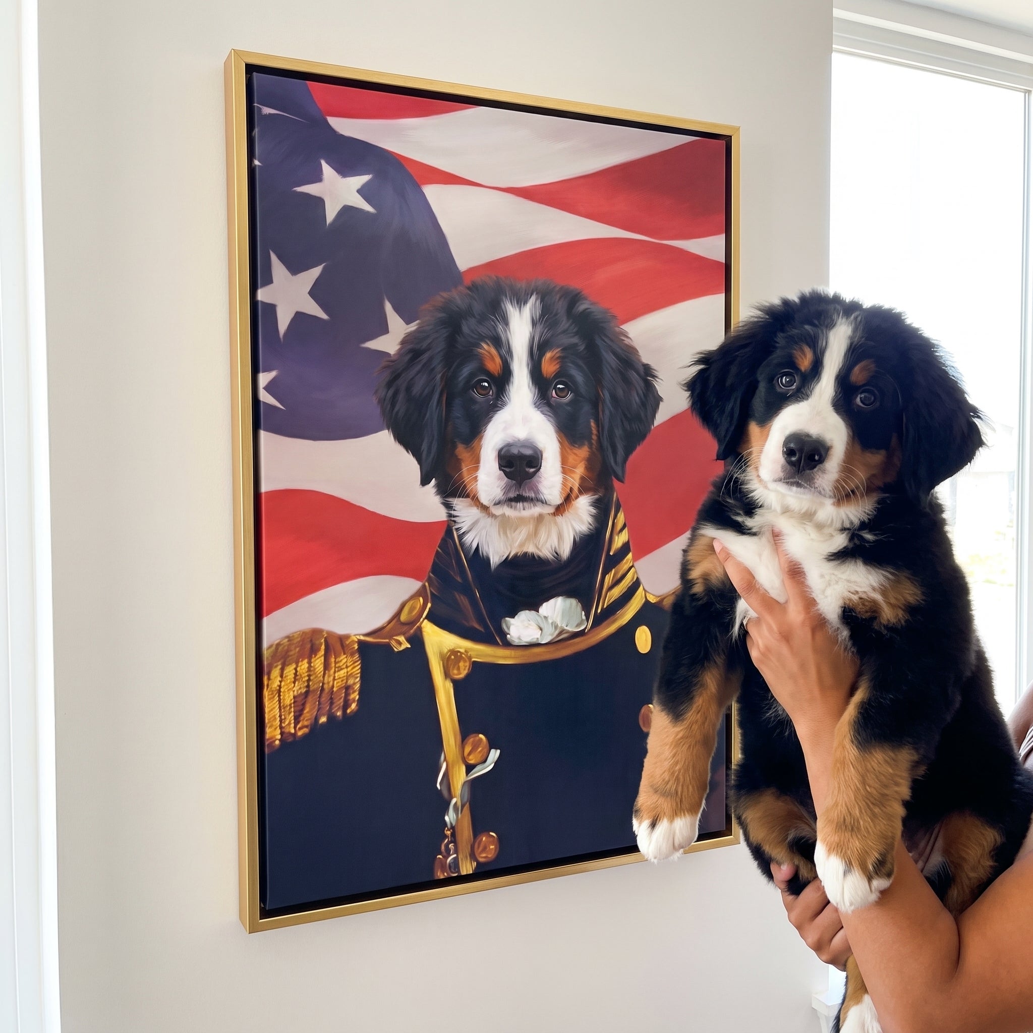 Bernese mountain dog next to its The Admiral - USA Flag Edition custom pet canvas