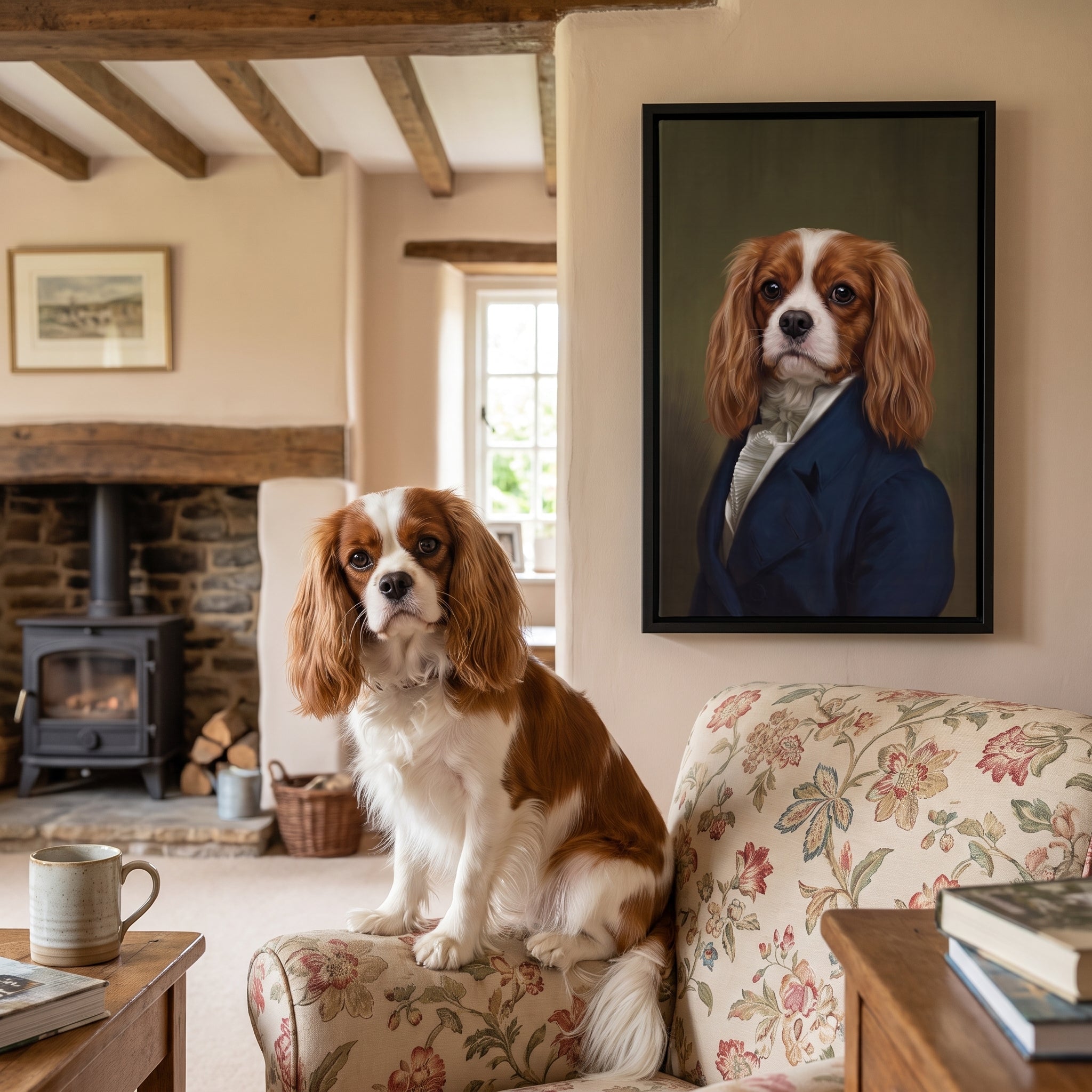 Cavalier king charles spaniel next to its The Ambassador custom pet canvas