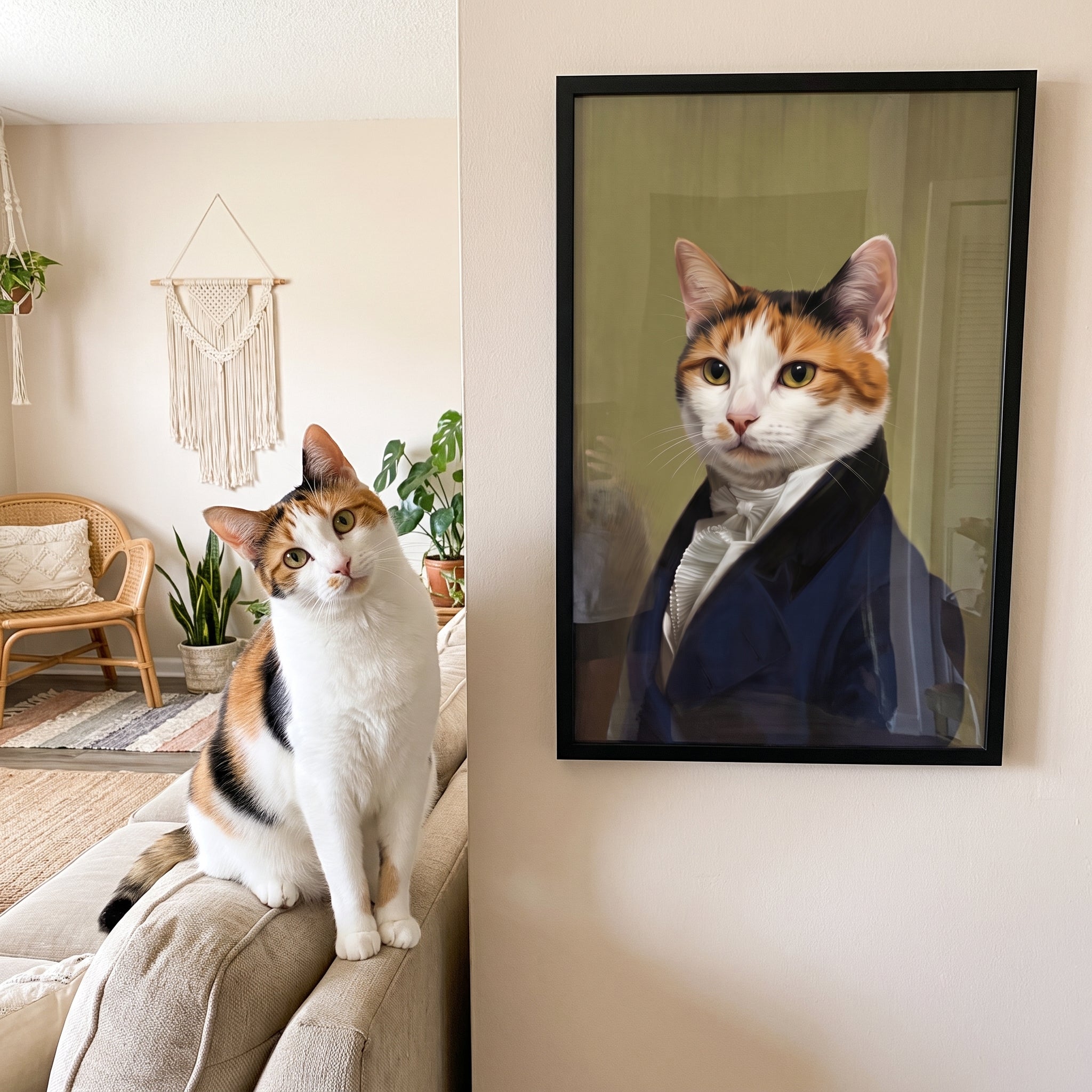 Calico cat next to its The Ambassador custom pet poster