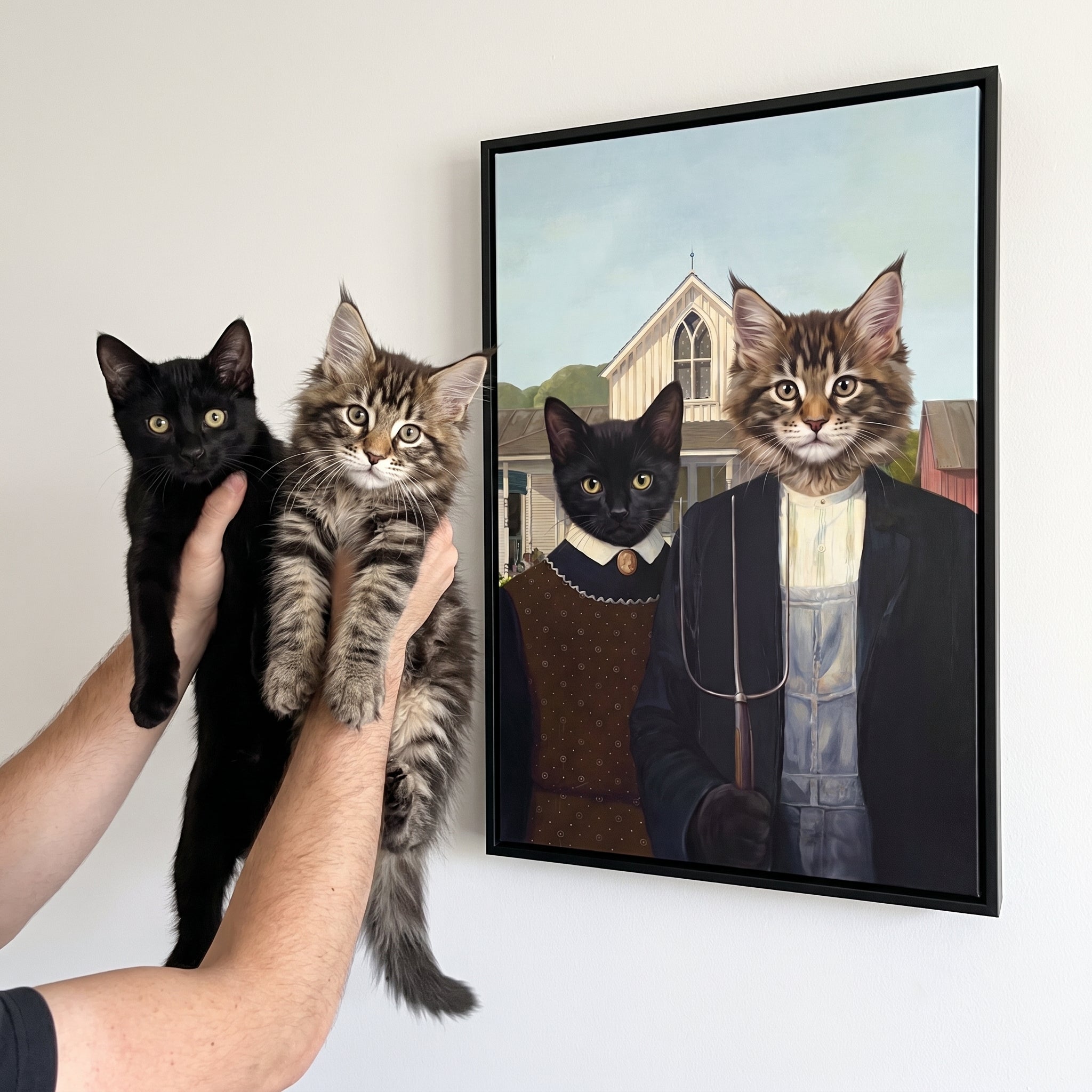 Black cat and fluffy maine coon cat next to its The American Gothic custom pet canvas