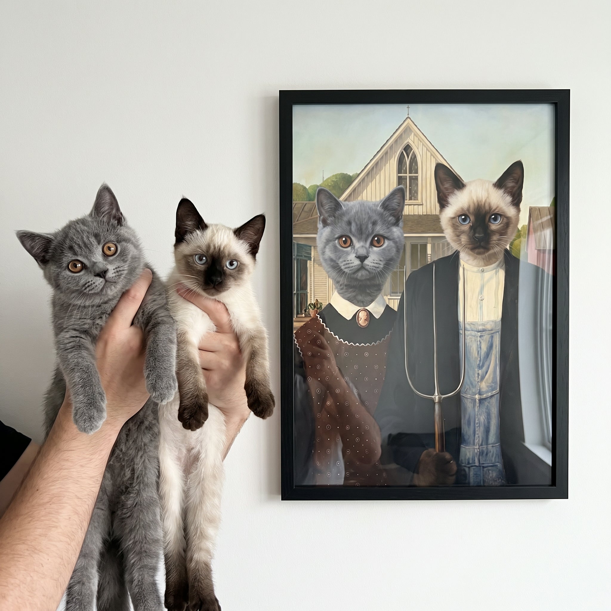 Grey british shorthair cat and siam next to its The American Gothic custom pet poster