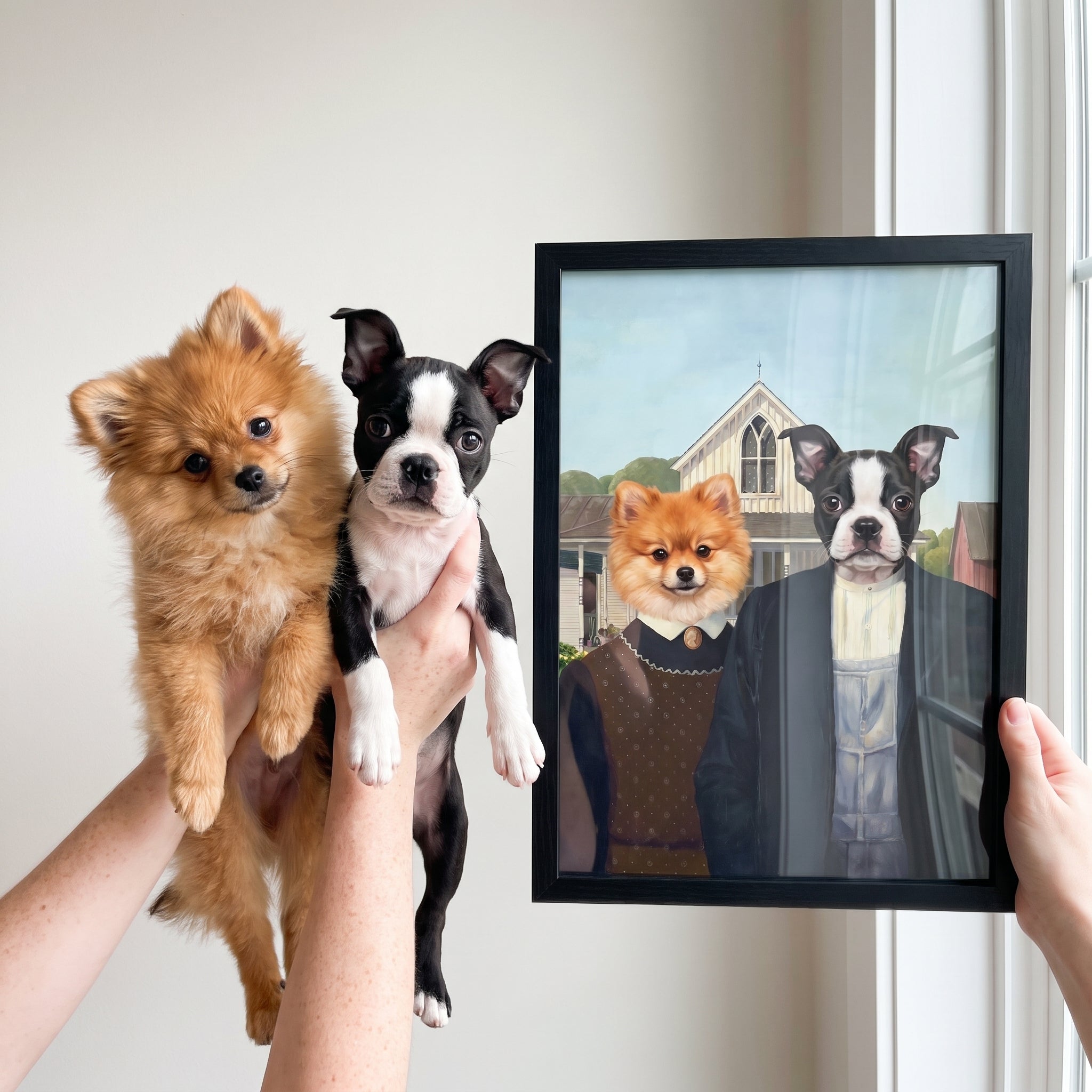 Pomeranian and boston terrier next to its The American Gothic custom pet poster